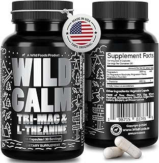 Wild Foods Tri-Mag & L-Theanine – Triple Magnesium Complex for Sleep w/L Theanine – Magnesium Glycinate, Malate, Taurate – 100% Natural – 60 Capsules