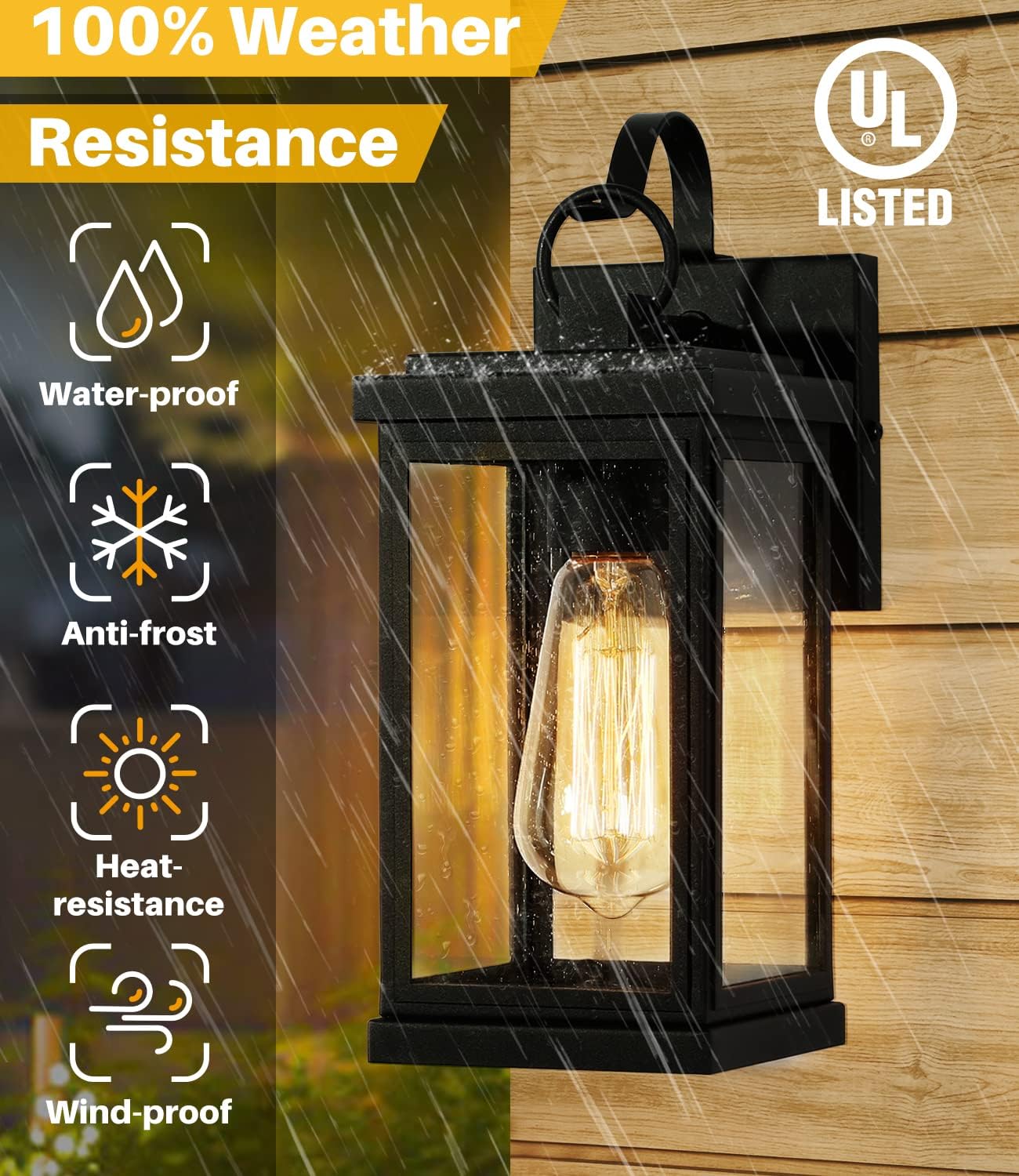LALUZ Rectangle Outdoor Wall Lantern 2 Pack, Black Exterior Light Fixtures, Anti-Rust Porch Lights Seeded Glass, Farmhouse Outdoor Sconce Wall Lights for Patio, Garage, Front Door, 11”, Matte Black