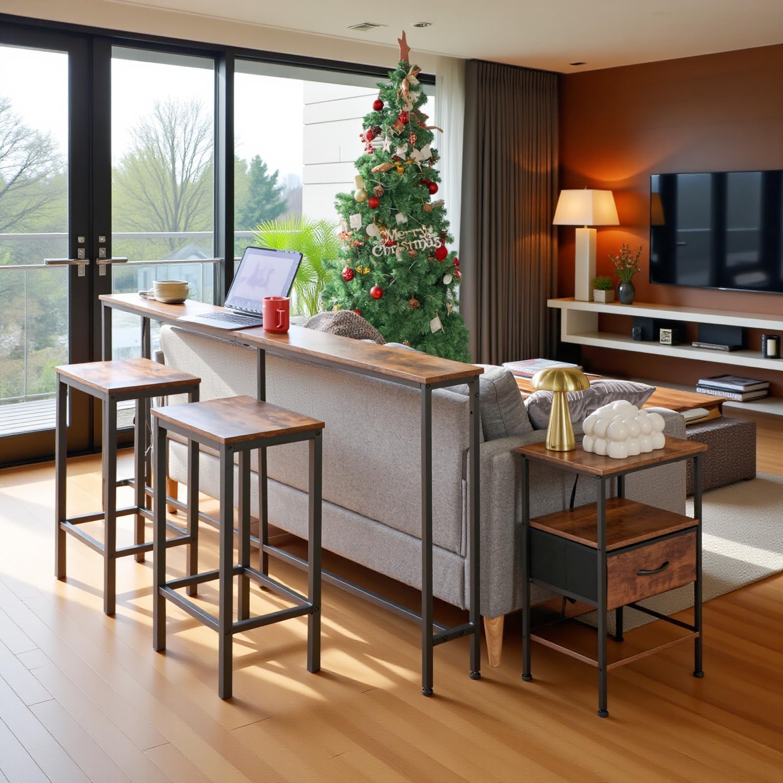 Table de Bar 180 cm avec 2 Prises et 2 Ports USB, Table de Bar de Cuisine Haute et étroite Petit Espace Console Meuble pour Cuisine Salon entrée café bistrot (Marron, 180 x 20 x 80,5 cm)