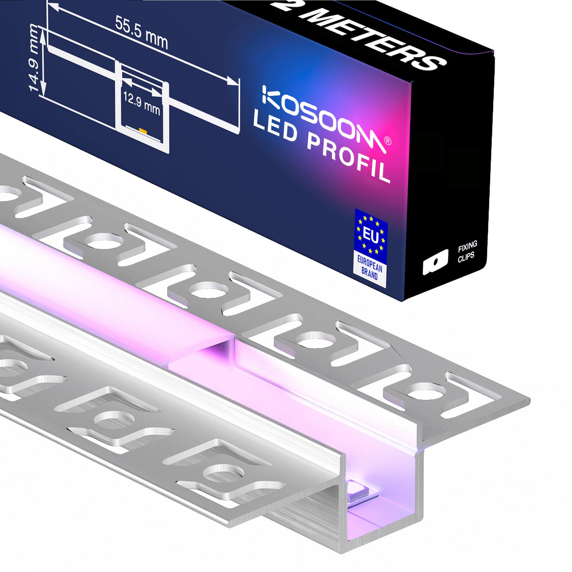 6 LED Fliesenprofil 2m, Lichtdiffusor-Schiene für LED-Streifen, LED Unterputzprofil Maße 55.5mm x 12.9mm Innenbreite 12 mm, mit milchweißer PC-Abdeckun