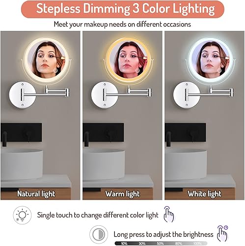 Miniatura 3 de Rocollos Espejo de maquillaje iluminado recargable montado en la pared, espejo de tocador LED de doble cara de 8 pulgadas, aumento de 1X7X, 3 luces