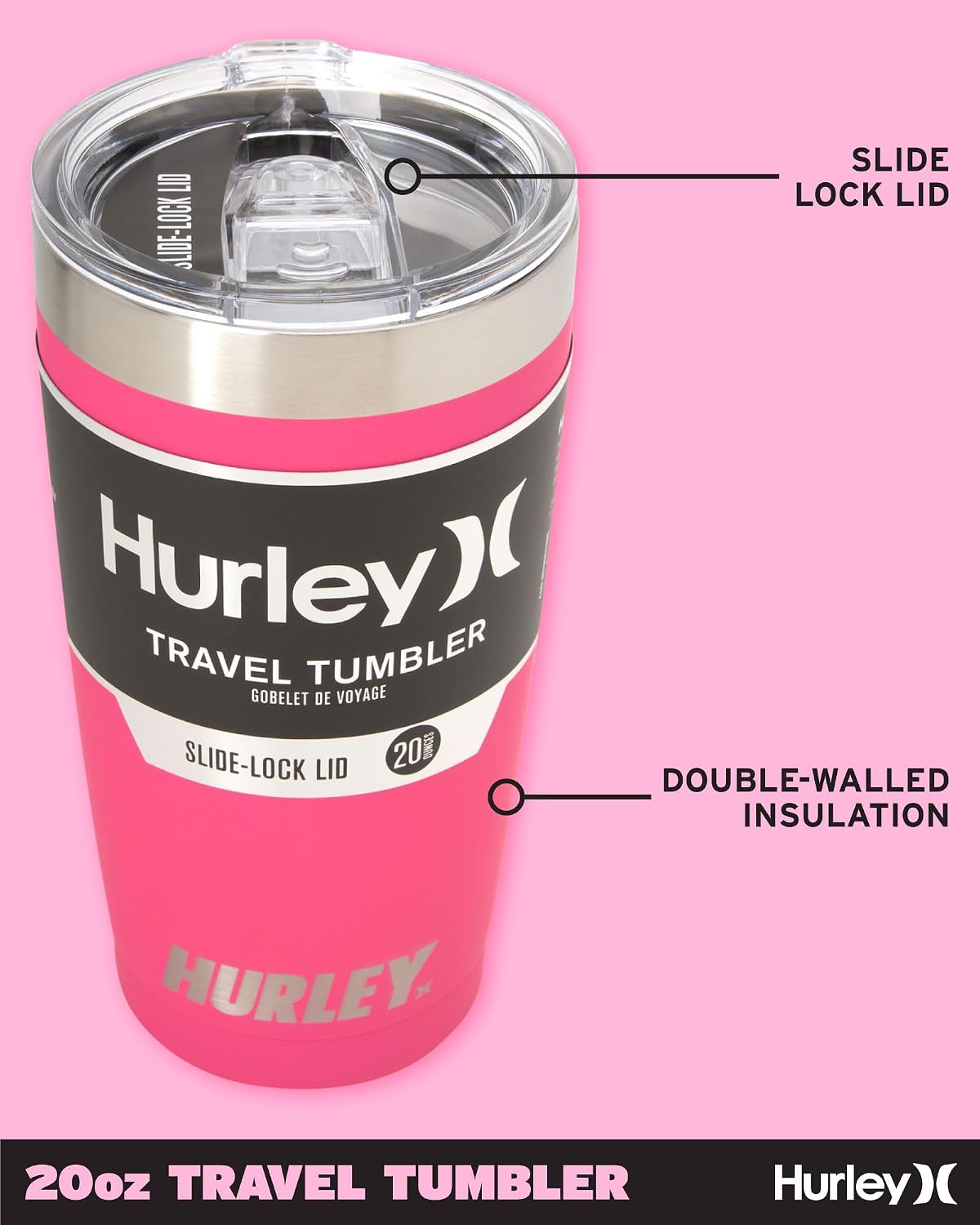 Hurley Tumbler Thermos – 20oz Double Wall Vacuum Insulated Travel Mug – BPA Free Stainless Steel Water Bottle – Leak Proof Hot and Cold Coffee Car Cup, Size 20 oz, Pink