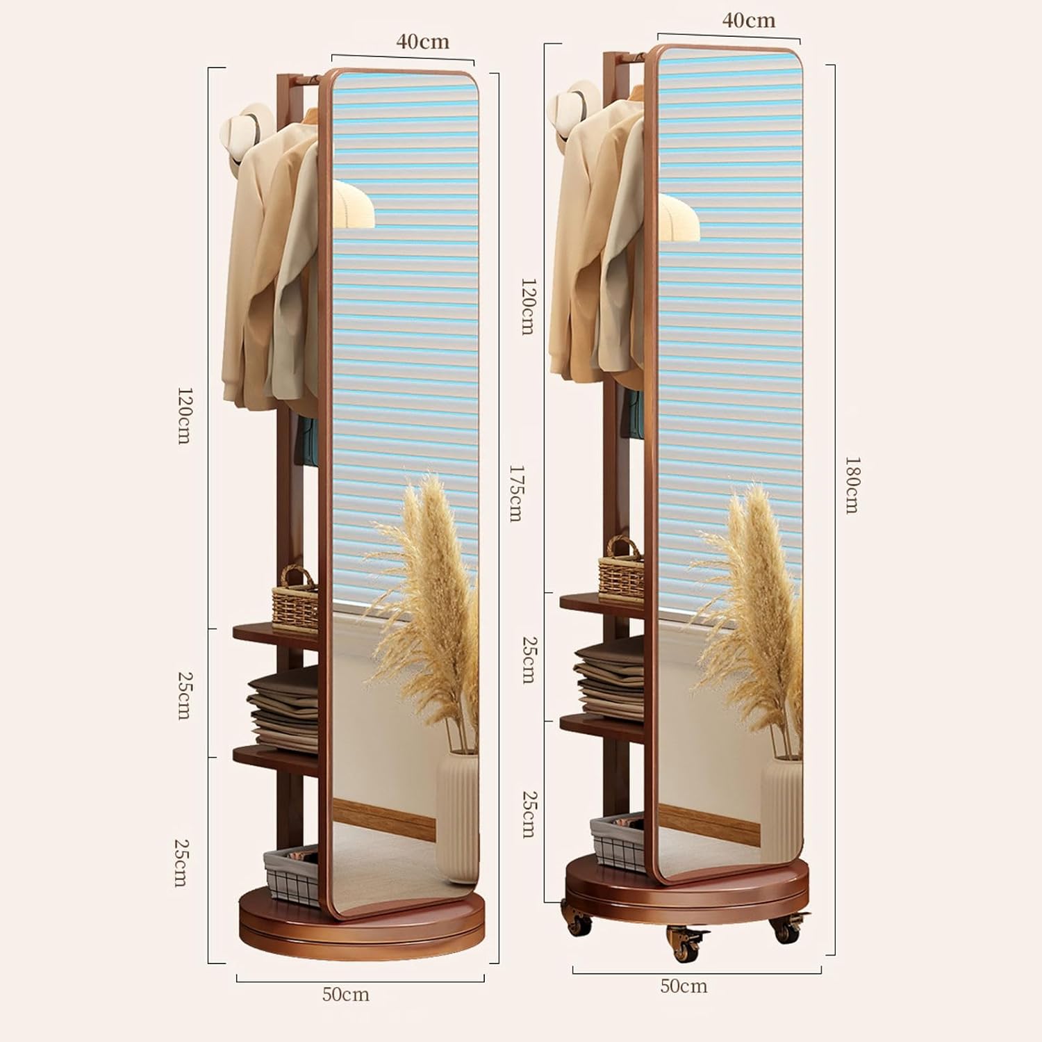 360° Rotating Full Length Mirror with Swivel Wheels & Coat Rack - 2-in-1 Solid Wood Floor Mirror for Bedroom & Living Room, Stylish and Functional Home Decor