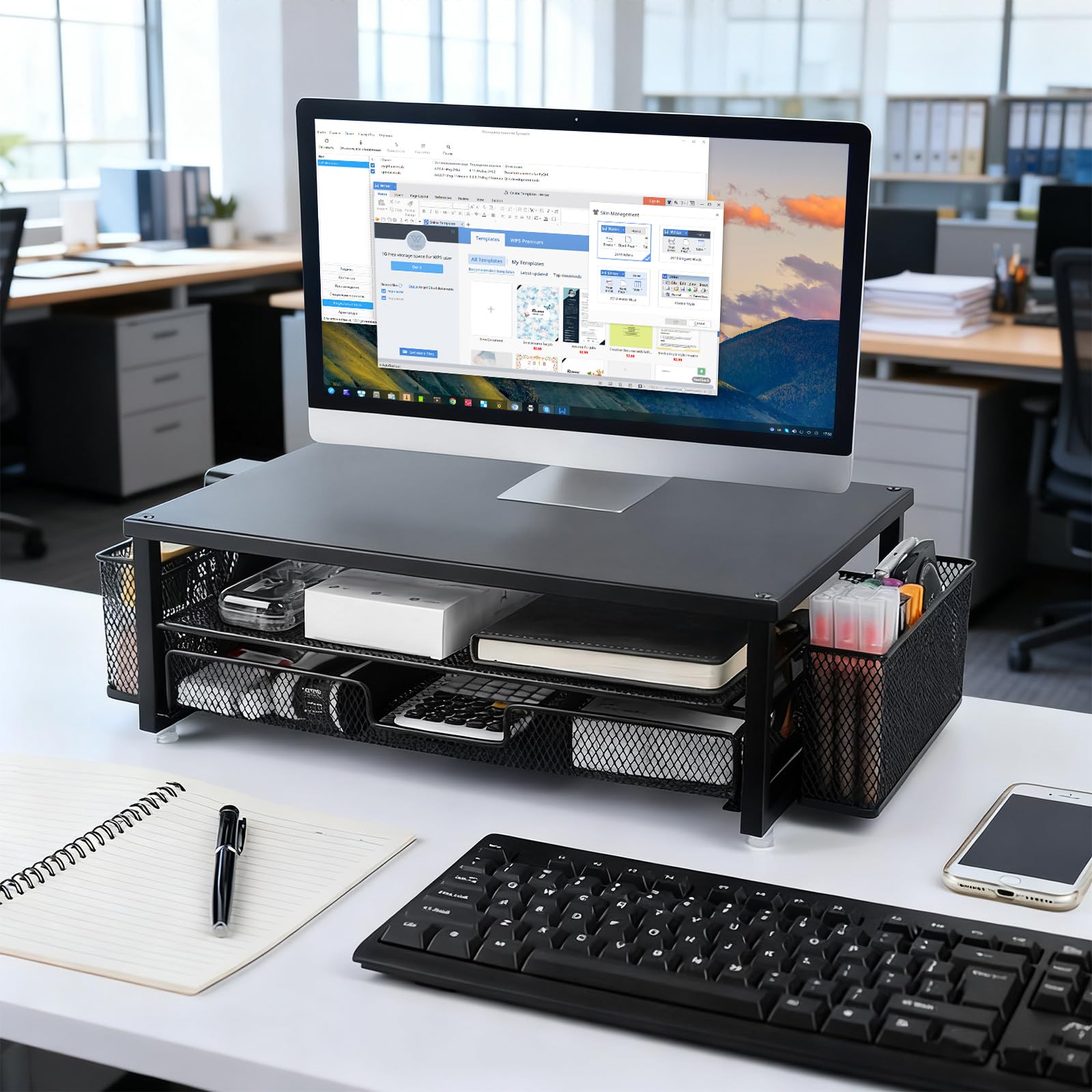 Supporto per monitor regolabile in altezza con portapenne, organizer da ufficio in metallo robusto, ripiano da scrivania per laptop, tastiera, monitor, spazio per accessori da ufficio