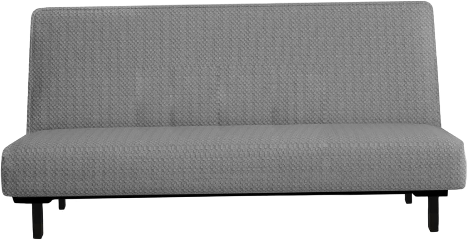 Armless Futon Cover High Stretch Jacquard Armless Couch Cover with Elastic Bottom Dust-Proof Sofa Slipcover for Living Room Kids Pets, Light Grey