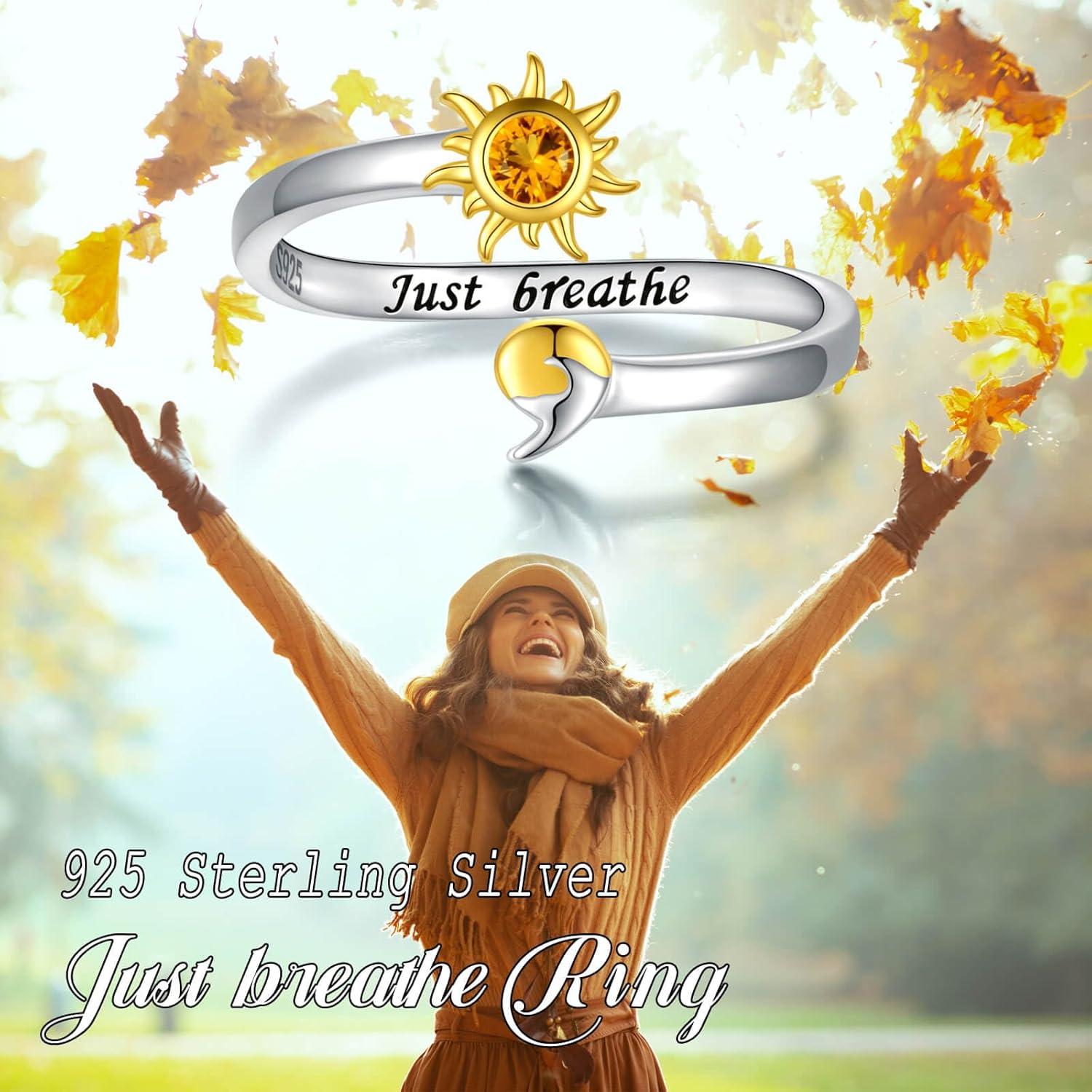 925 Sterling Silver Semicolon Ring - Gold Sun Wave Rings Engraved Keep Going Jewelry Inspirational Gifts for Women