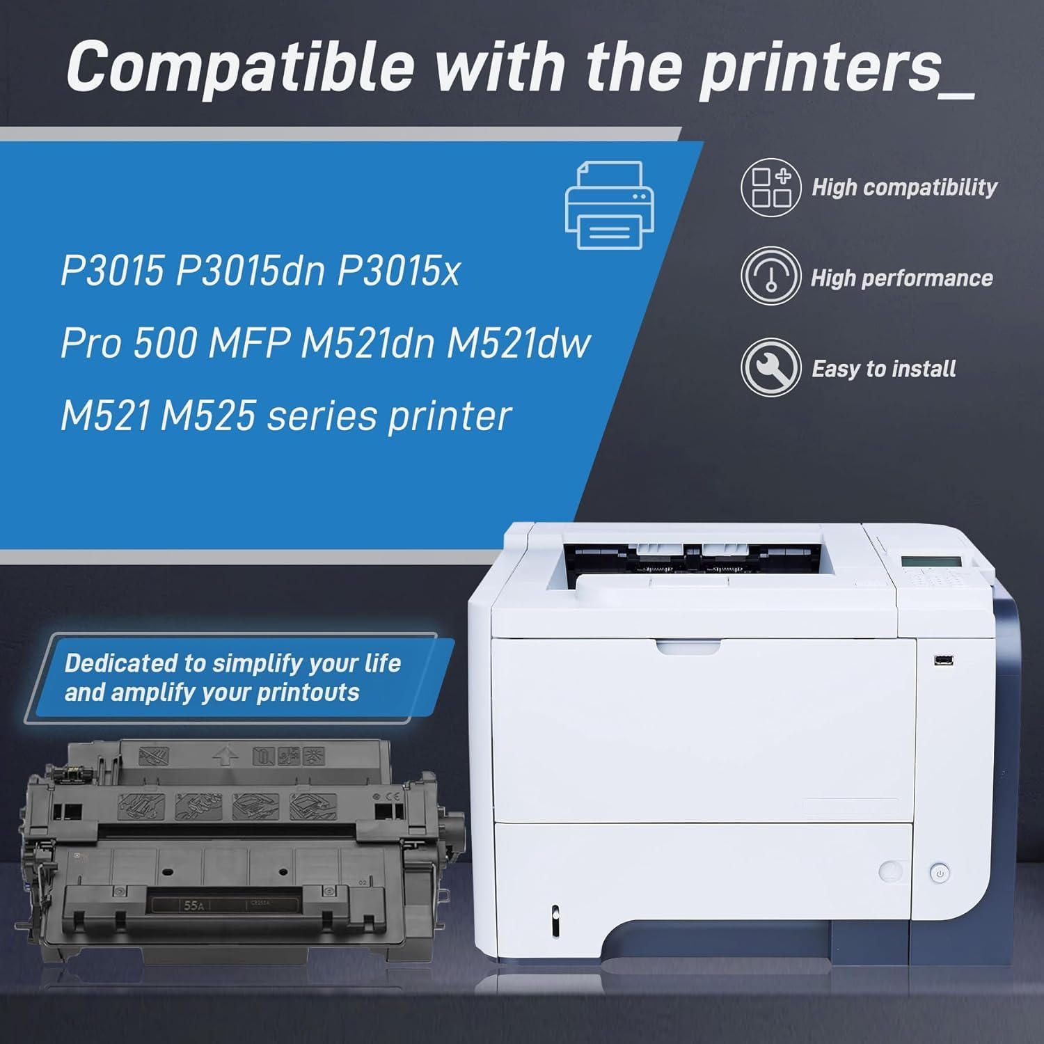 55A Toner Cartridge Replacement for HP 55A 55X CE255A CE255X Toner for P3015 P3015dn P3015x Pro 500 MFP M521dn M521dw M525dn M525f M525c Printer (2 Pack, Black)