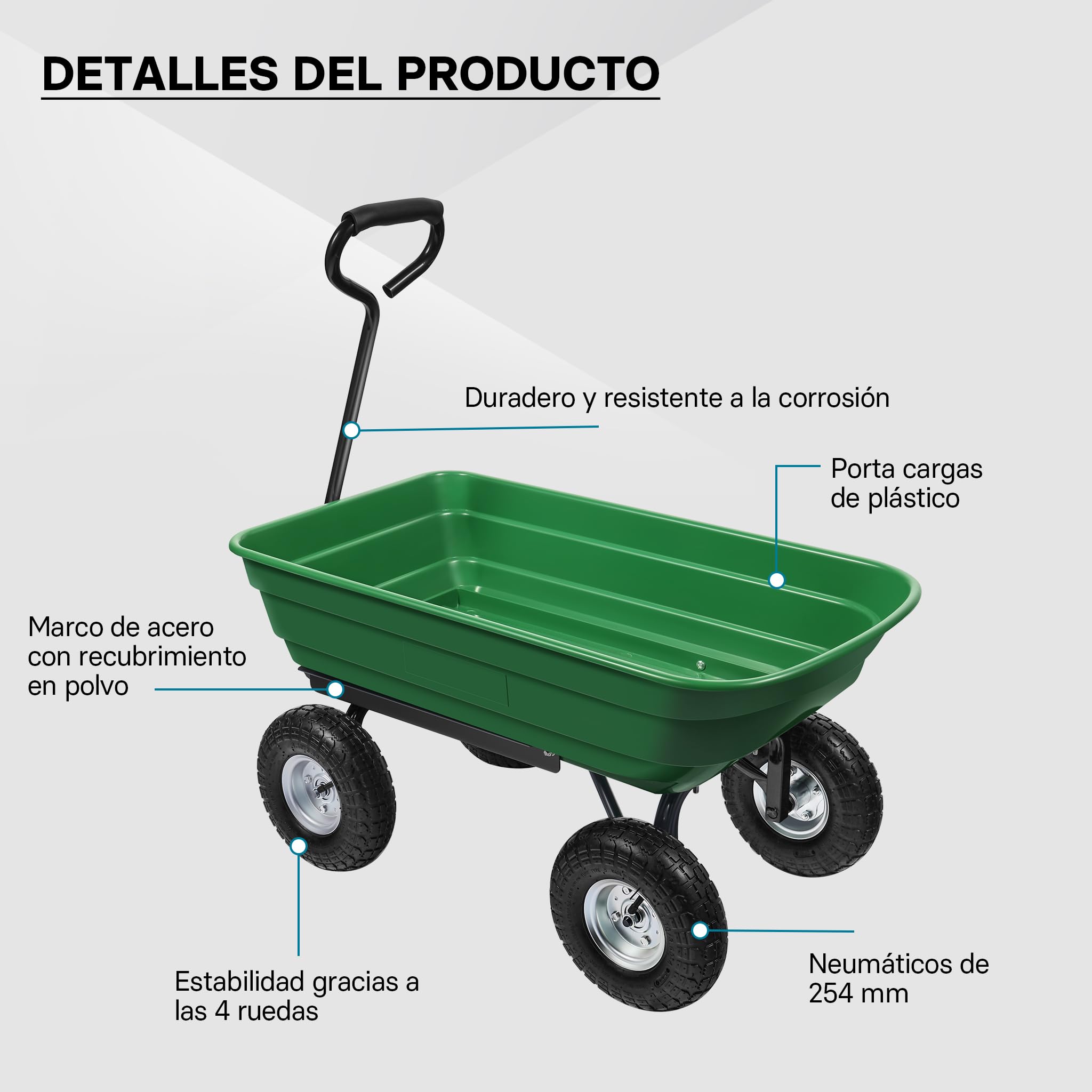 Carrito jardín basculante, Capacidad 75l, Carga 240kg, Carretilla de Transporte Carro de Mano Verde