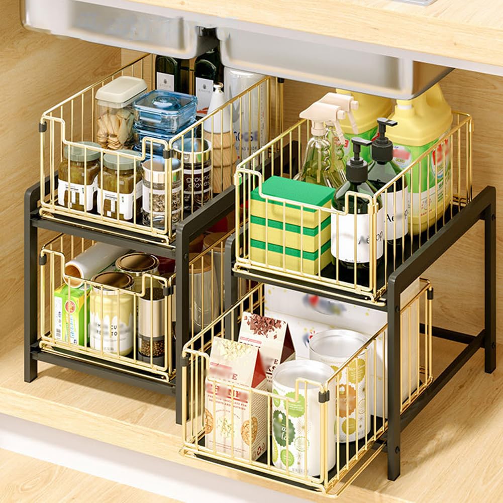 Organisateur Sous Évier FAOKZE 2 Niveaux - Panier Coulissant Métal 38.5x37x26cm - Rangement Cuisine