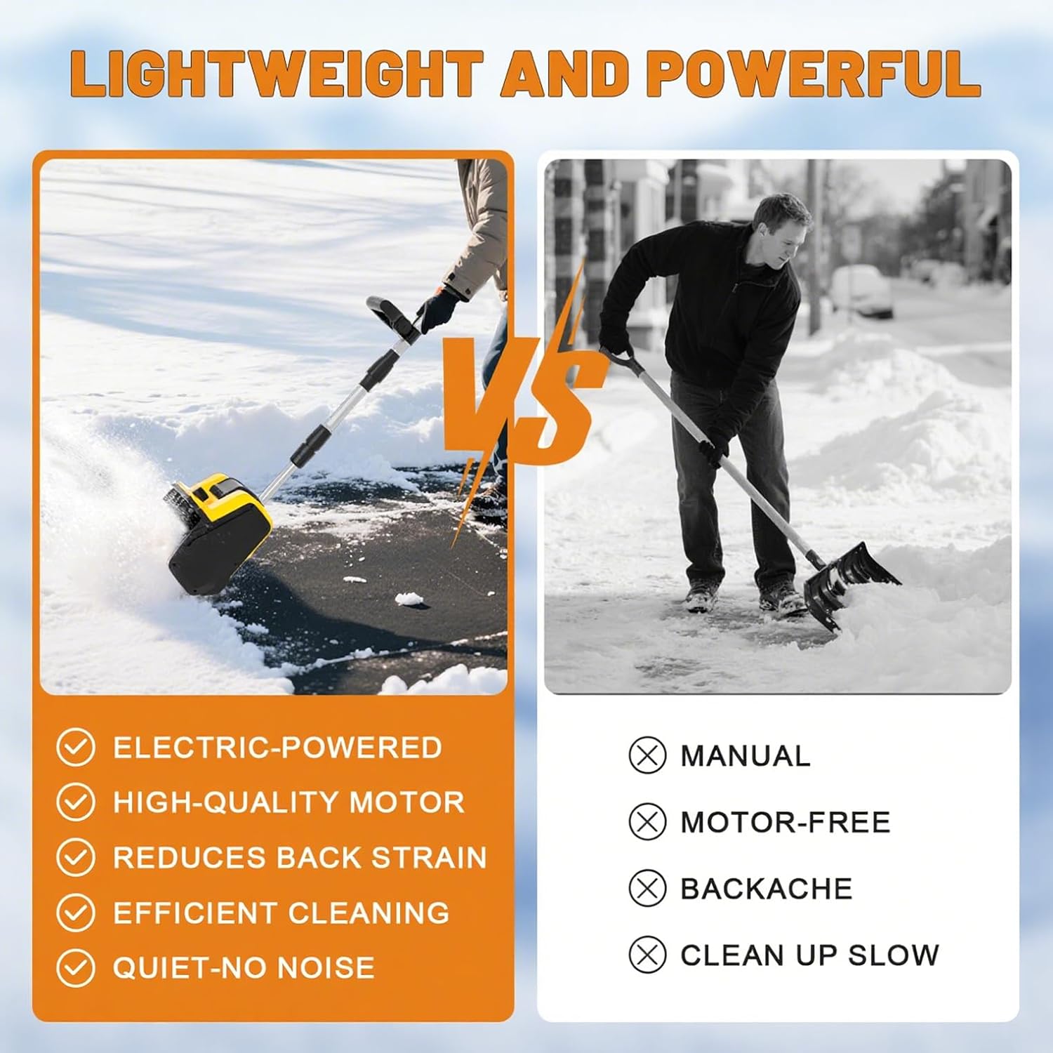 Cordless Snow Shovel, 21V Cordless Electric Snow Blower with Battery and Charger, 19FT Throw Distance, Lightweight 9.9lb for Driveway, Sidewalk, Steps, Patio(Yellow)