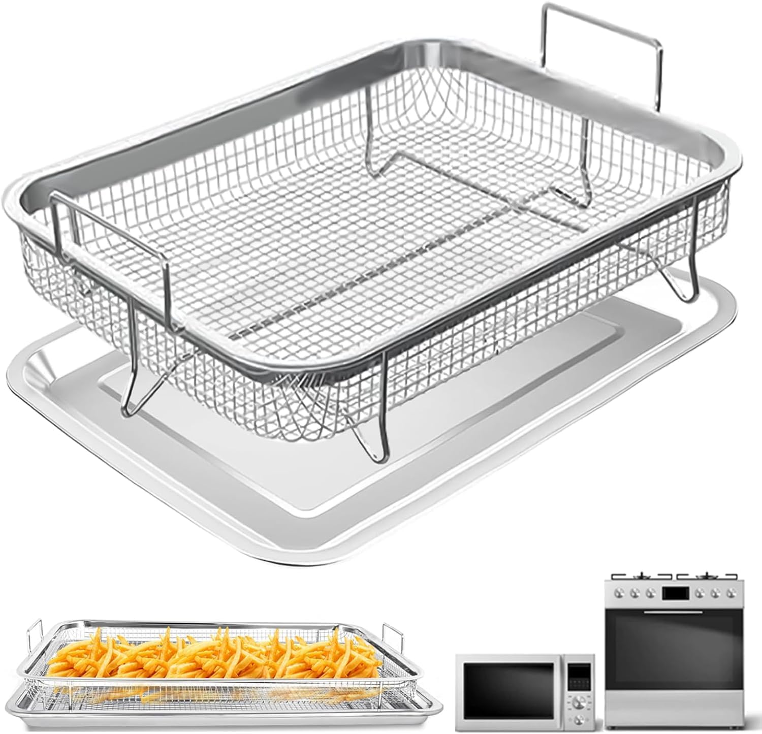 Air Fryer Basket for Oven,2 Pieces 12.2'' * 8.74'' Non-stick Stainless Steel Mesh Grill Basket Air Fryer Baking Accessories Rack Roasting Basket for Convection Oven with Air Fryer, Dishwasher Safe