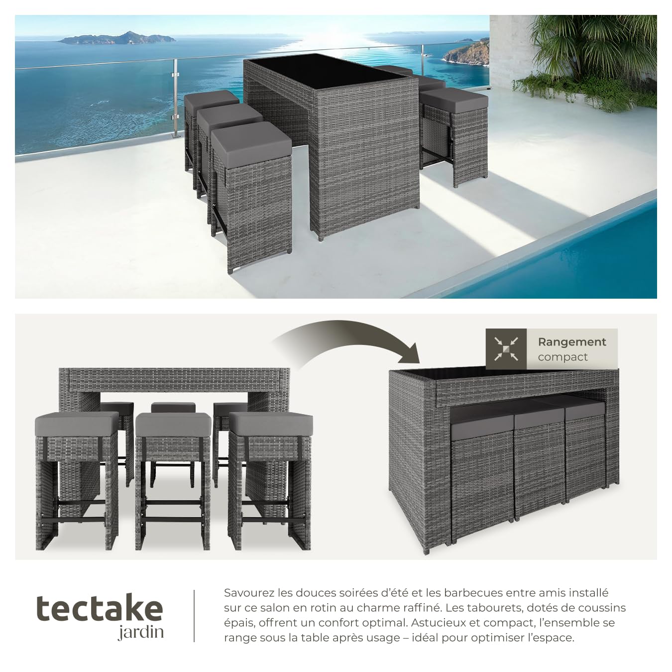 tectake® Ensemble de Bar Extérieur en Résine Tressée, Structure en Aluminium - Salon de Jardin 6 Places avec Table, 6 Chaises Encastrables et Coussins Inclus - Mobilier pour Amenagement Balcon