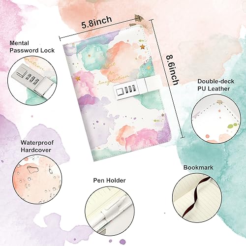 Miniatura 9 de CAGIE Diario para niñas de 8 a 12 años, regalos para niñas de 9, 10, 11 y 12 años con cerradura, diseño de tinta derramada, diario de 192 páginas