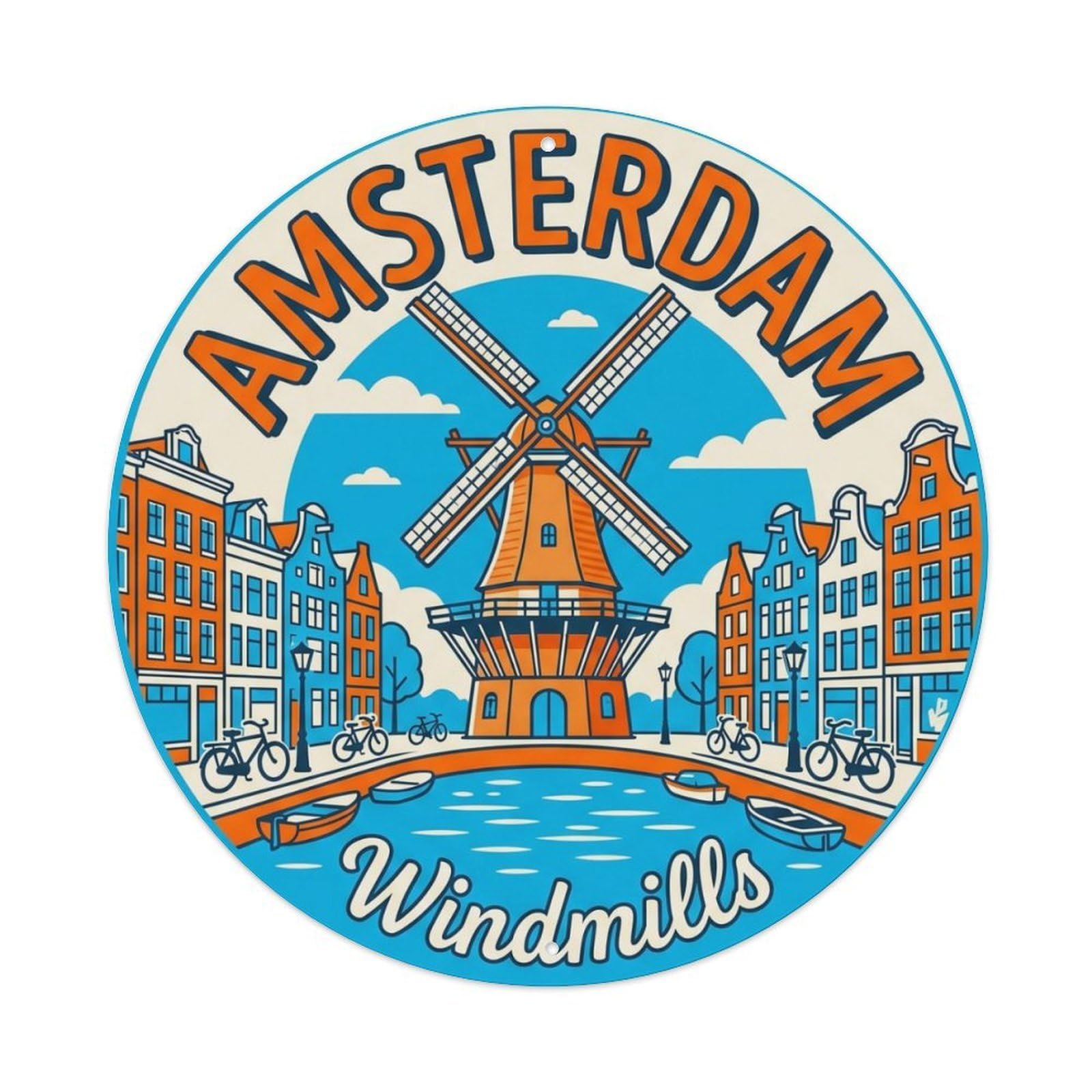 Fqnyr Style Vintage Travel Amsterdam Windmill Holland Metal Tin Sign