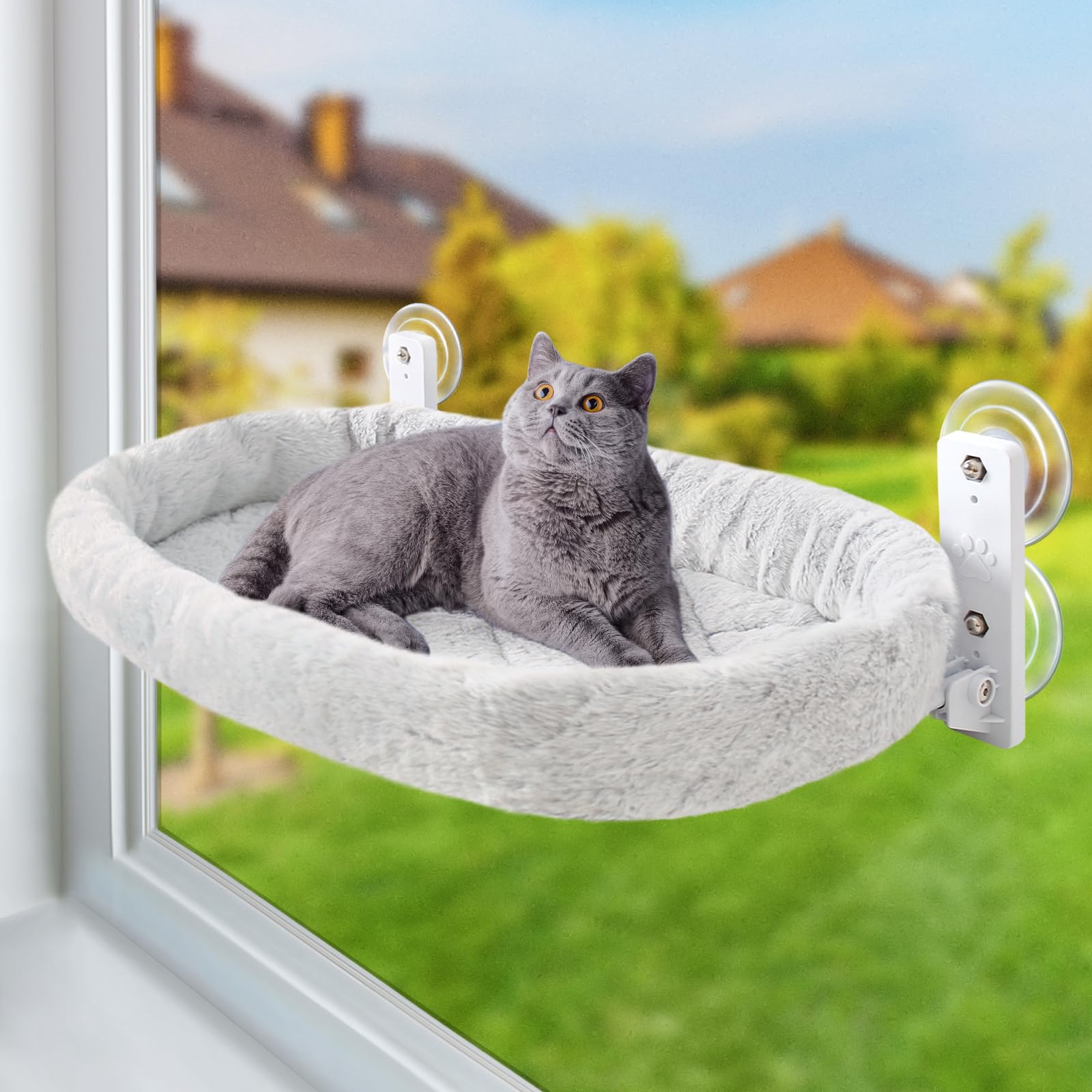 Sunhoo Cat Hammock Perch for Window Seat Bed Indoor Cats Lounger Window Sill Ledge Foldable Kitten Shelf Cordless No Drilling Washable Plush Cushion Heavy Duty Metal Frame 21 * 11.8 in Easy Assembly