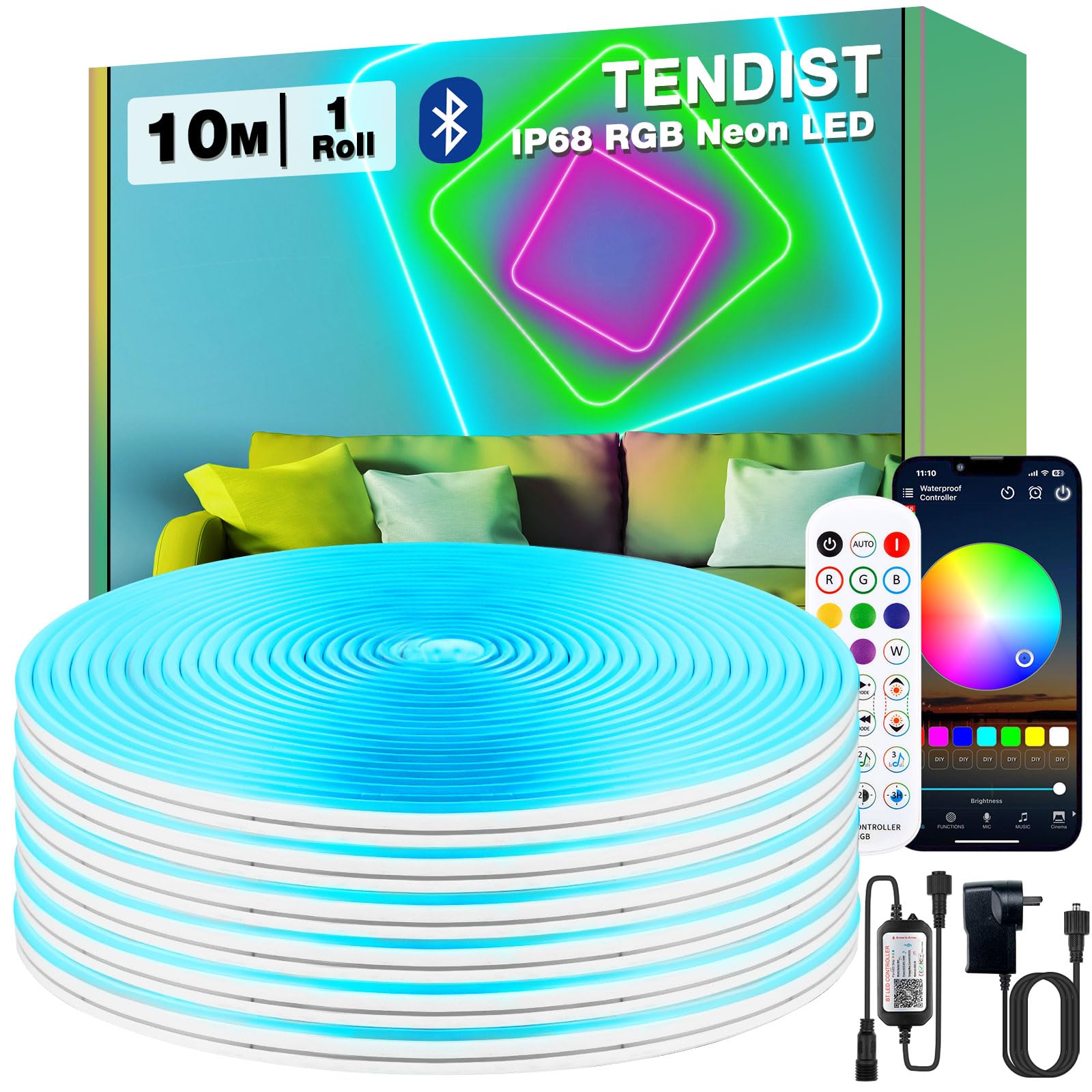 10M Outdoor RGB Neon Rope Light, IP68 Waterproof Flexible Neon Bluetooth Led Lights with Remote and Smart App Control, 24V Silicone Music Sync Led Strip for Patio, Balcony, Bedroom Decor - 10M