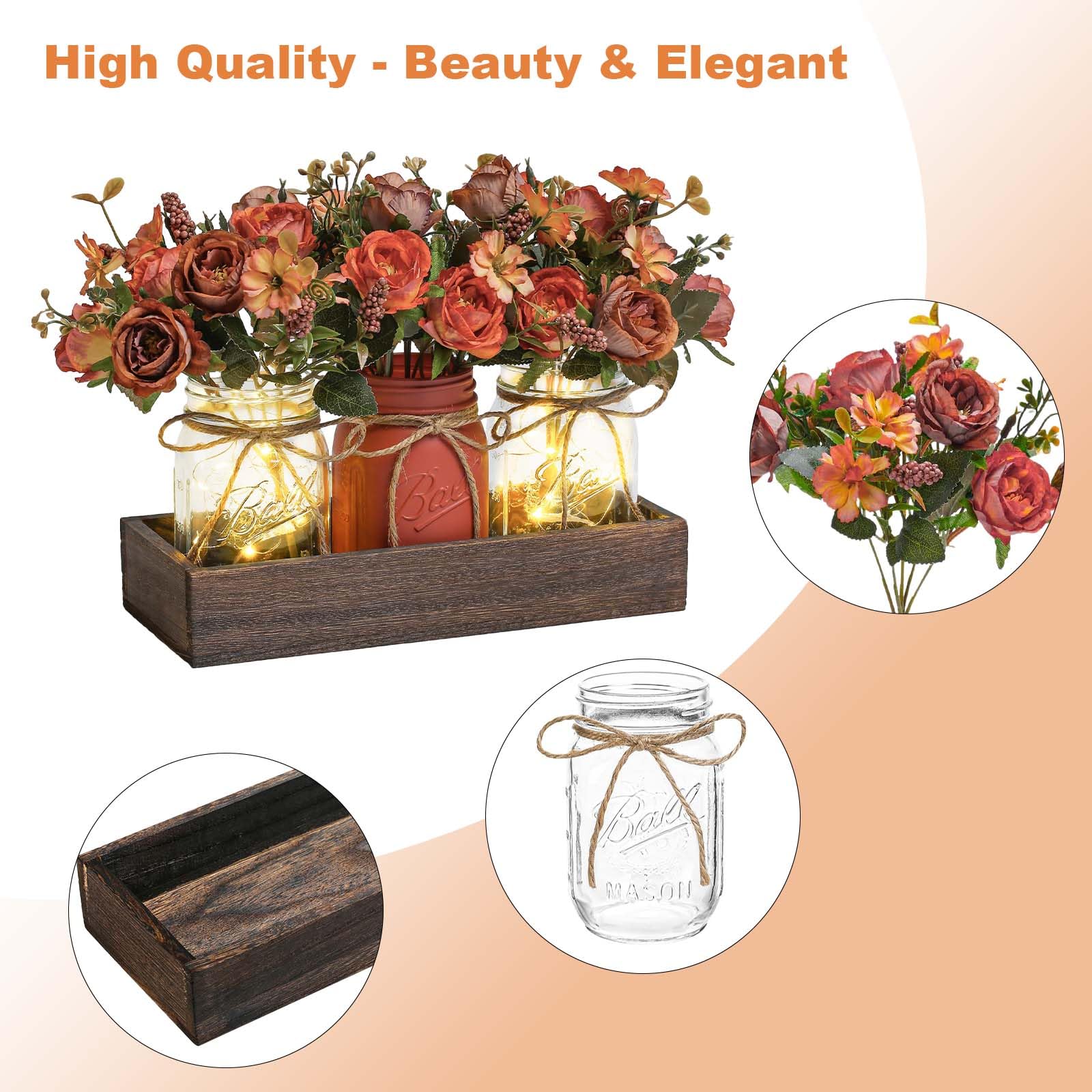Garvee Set De 3 Centros De Mesa Rústicos LED – Jarrones Mason Jar con Flores Artificiales, Bandeja De Madera – Decoración Elegante para Comedor, Sala, Bodas, Estilo Casa De Campo