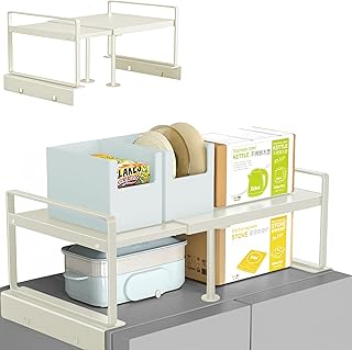 Adjustable Fridge Top Storage Rack,20.8"-36.6" Expandable Organizer Shelf, Anti-Slip,L-Shaped Design,Space Saver for Kitchen,Laundry,Dorm(Beige) (Beige, top shelf20.8-36.6")