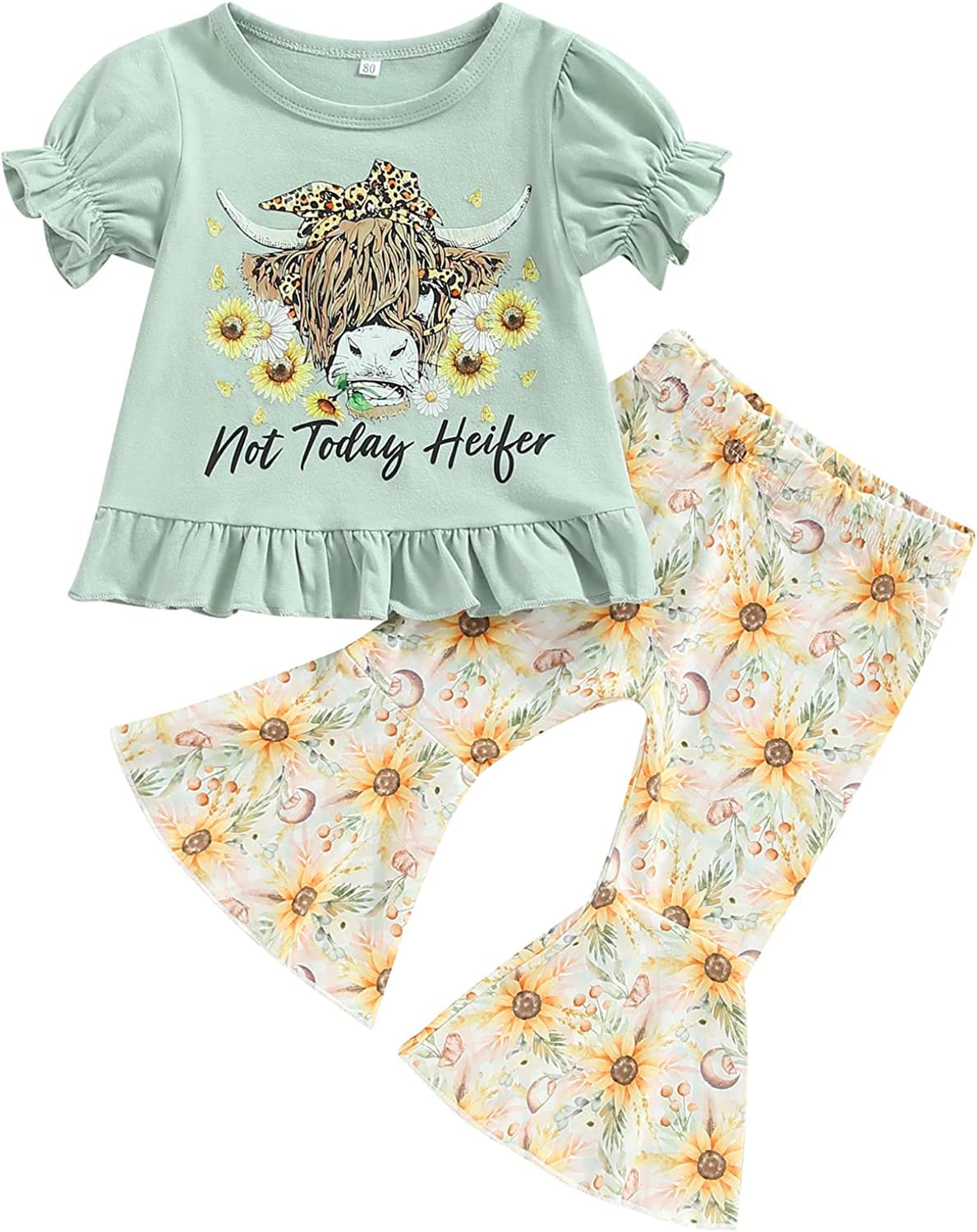 Twopumpkin Hippie Toddler Girl Summer Clothes Ruffle Hem Shirt Cute Cow Print Blouse and Bell Bottoms Western Outfit (Sunflower Mint Green,6-12 Months)