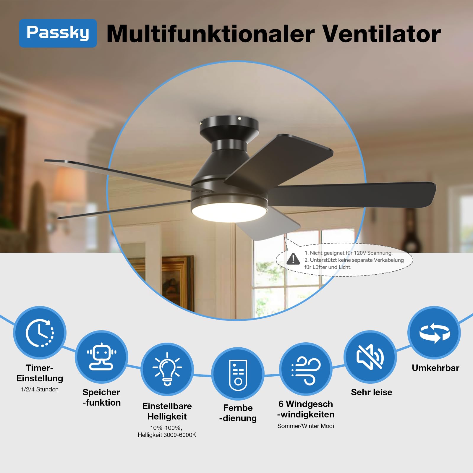 Passky 107cm Deckenventilator mit Beleuchtung & Fernbedienung, leiser DC-Motor, 6 Geschwindigkeiten, Dimmbare LED-Leuchte, 3 Farbtemperaturen Schwarz