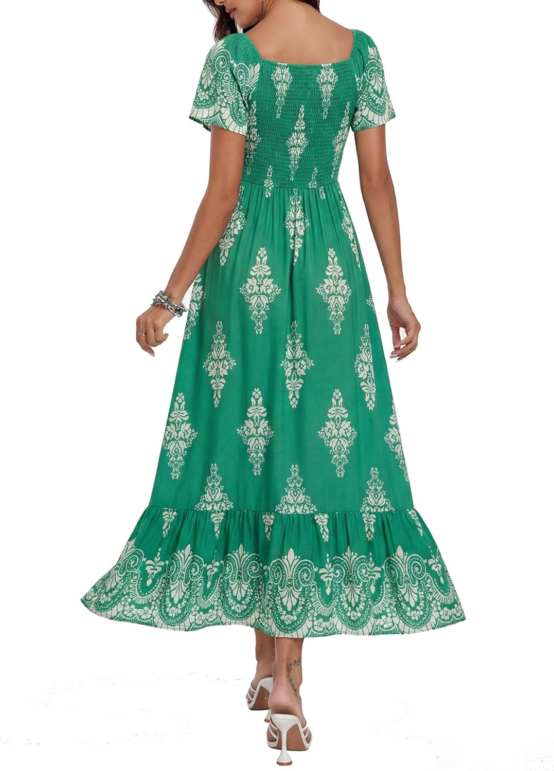 Summer Smocked Boho Maxi Dress for Women 2026 Short Sleeve Floral Smocked Flowy Ruffled Beach Vacation Dresses Lightweight