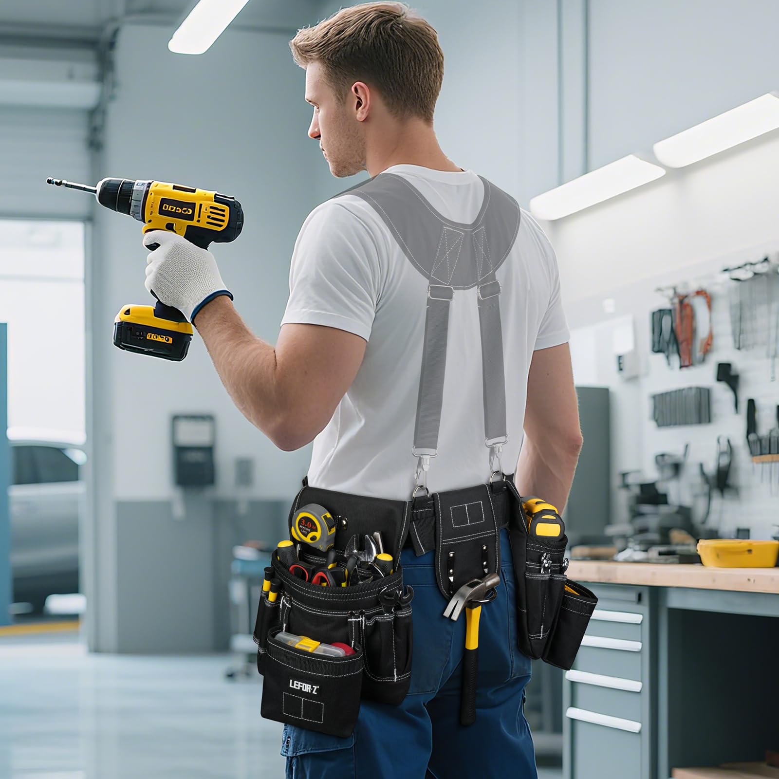 Ceinture porte Outils mit 27 Poches,Ceinture à Outils,Amovible Réglable Sac à Outils Magnétique avec 4 anneaux en D,Rembourrée Robuste pour Hommes,électriciens,Charpentiers,Ouvriers du Bâtiment,Noir