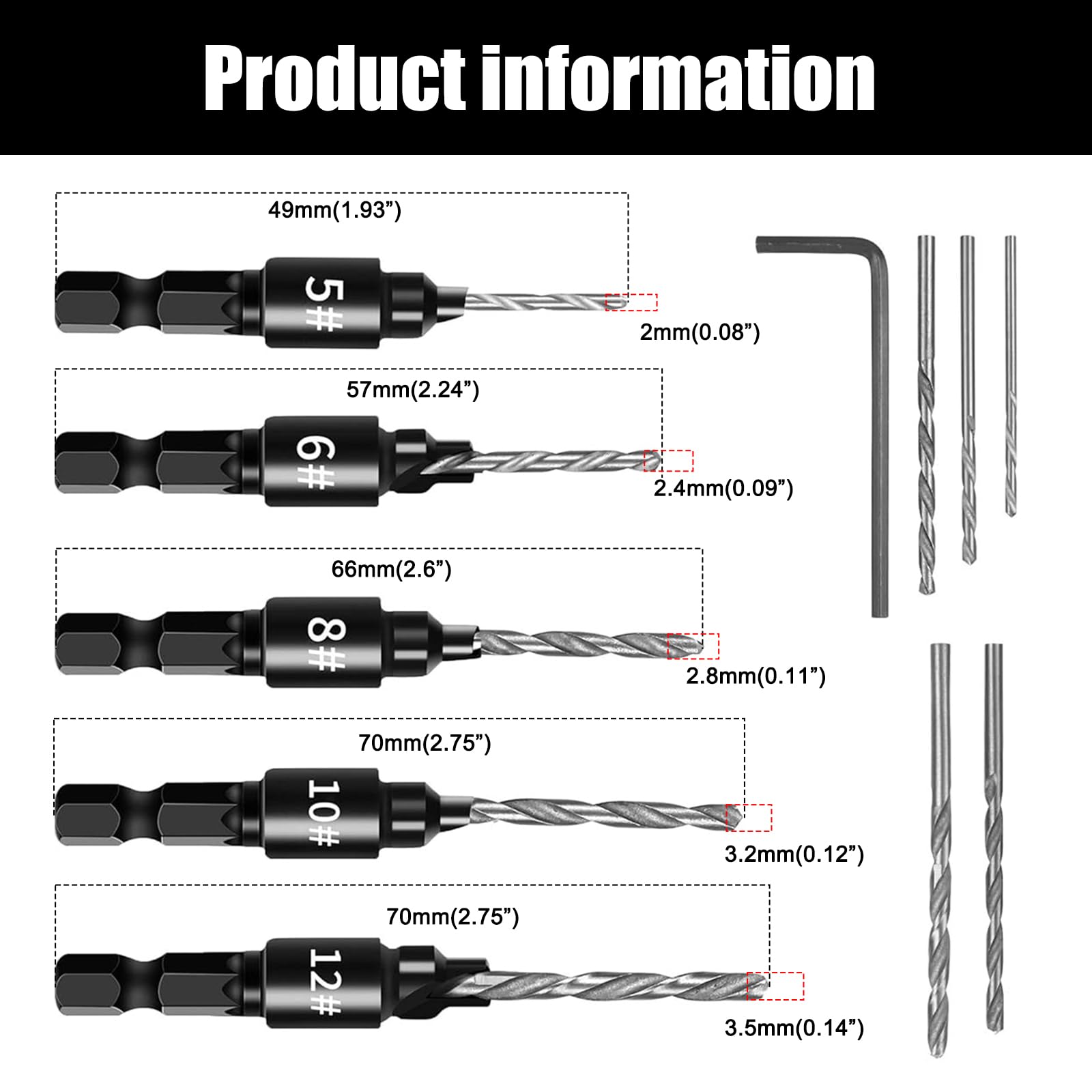 5Pcs Countersink Drill Bit Set - 1/4inch Hex Shank Quick Change Bits for #5#6#8#10#12 Screws with L-Wrench - Image 2