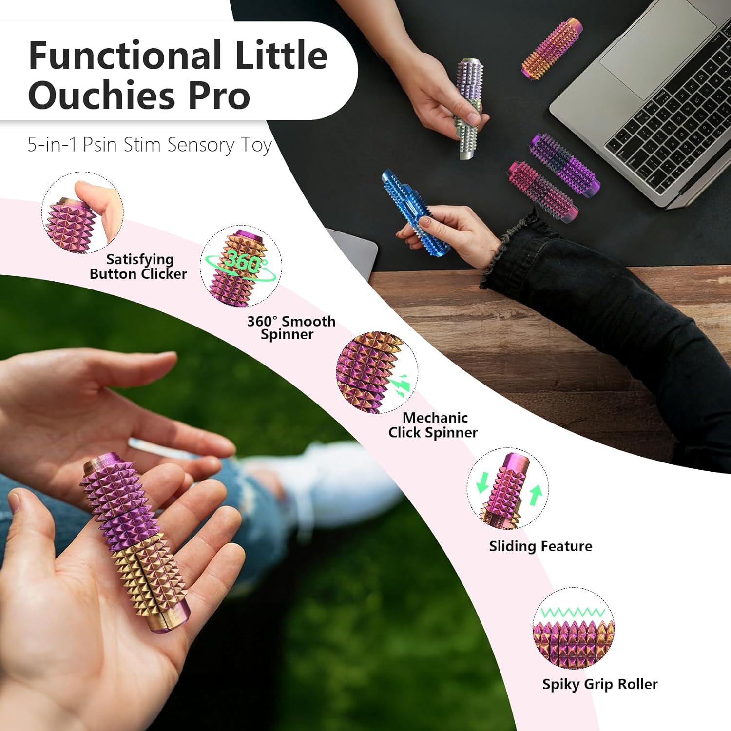 Little Ouchies 5-in-1 Pain Fidget for Adults, Spiky Sensory Tool with Smooth Spinner, Reinforced Slider & Clicker | Focus Support Pocket Fidget for Work, Study & Long Drives(Rose Red Gold)