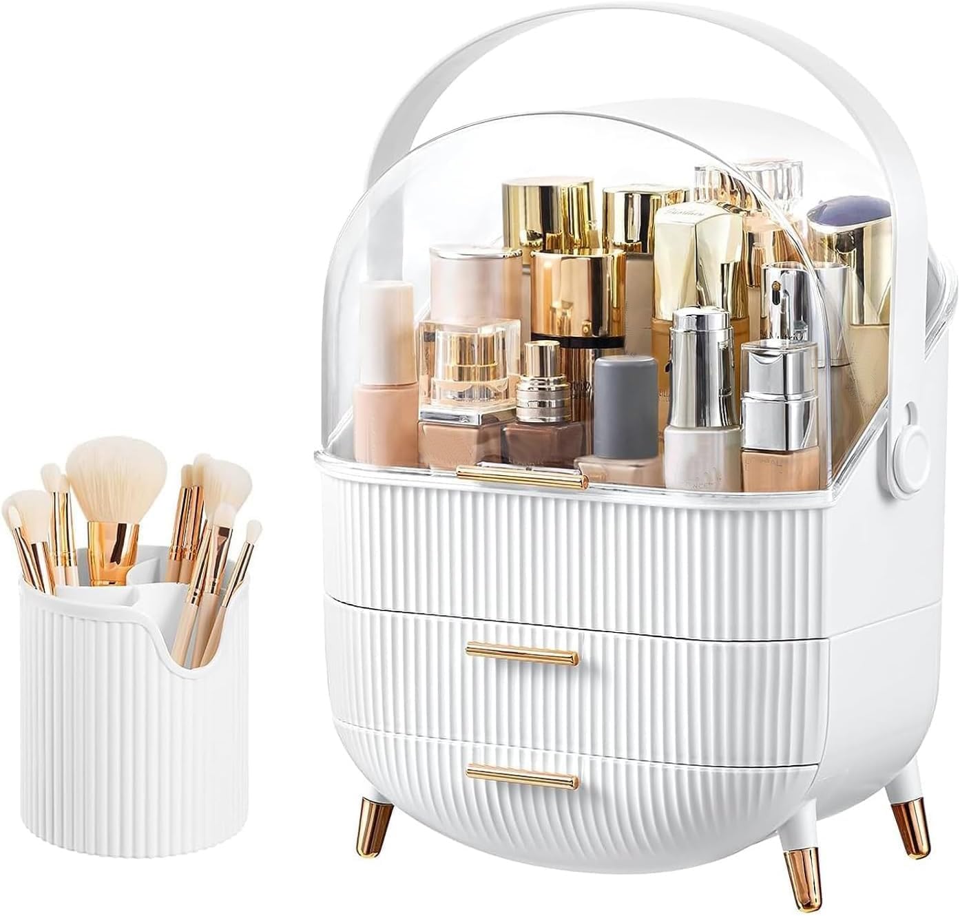 Kousee Makeup Organiser and Storage + Makeup Brush Holder, Waterproof Dustproof Organiser with Lid, Cosmetic Display Case Skincare Organizers for Vanity, Bathroom (Pure White)