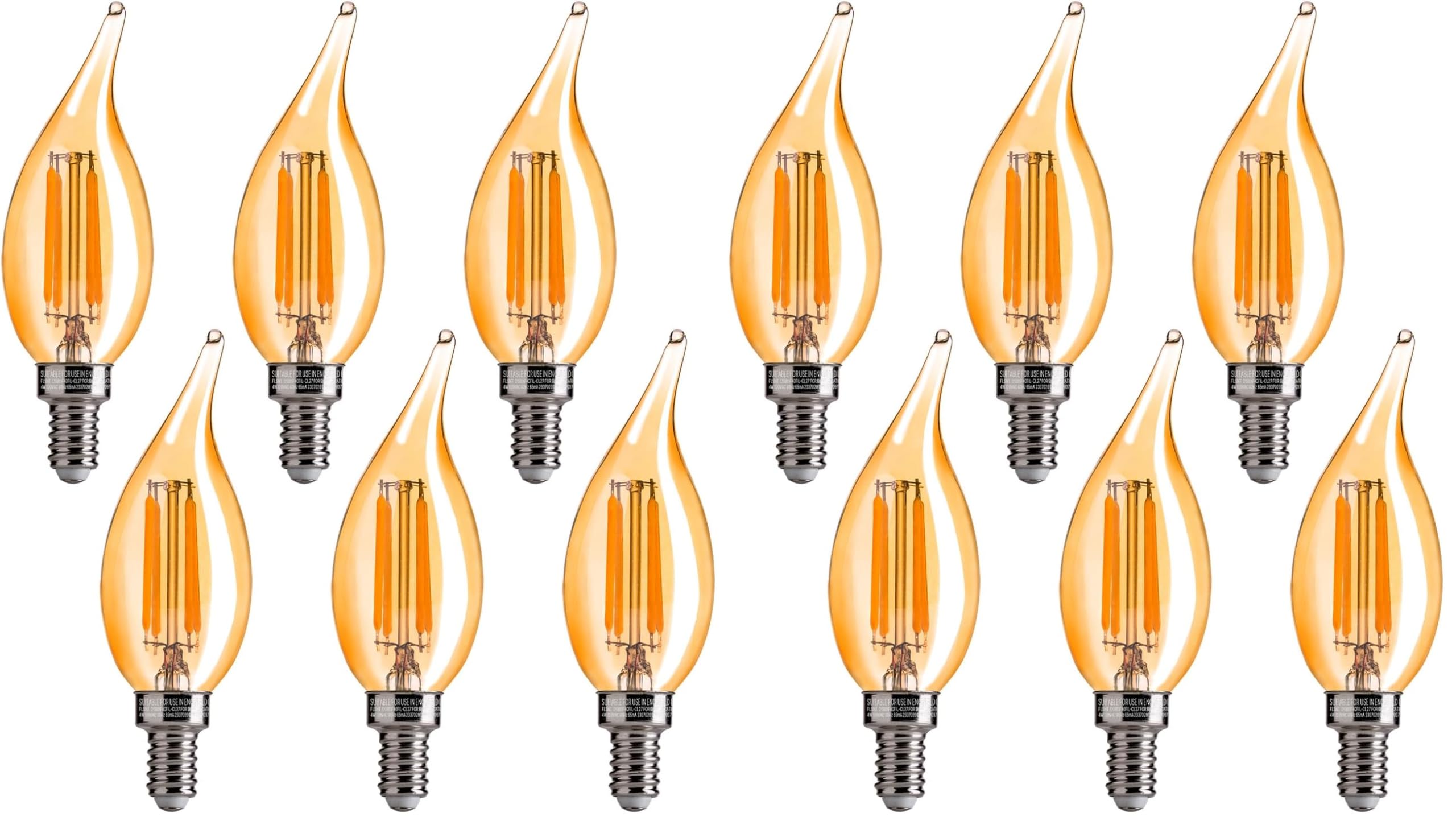 FLSNT CA11 E12 LED Candelabra Bulbs, Dimmable LED Chandelier Light Bulbs, 40W Equivalent, 2200K Warm White Light, 330LM, Amber Glass Finishing, 12 Pack UL,CA65 Listed.