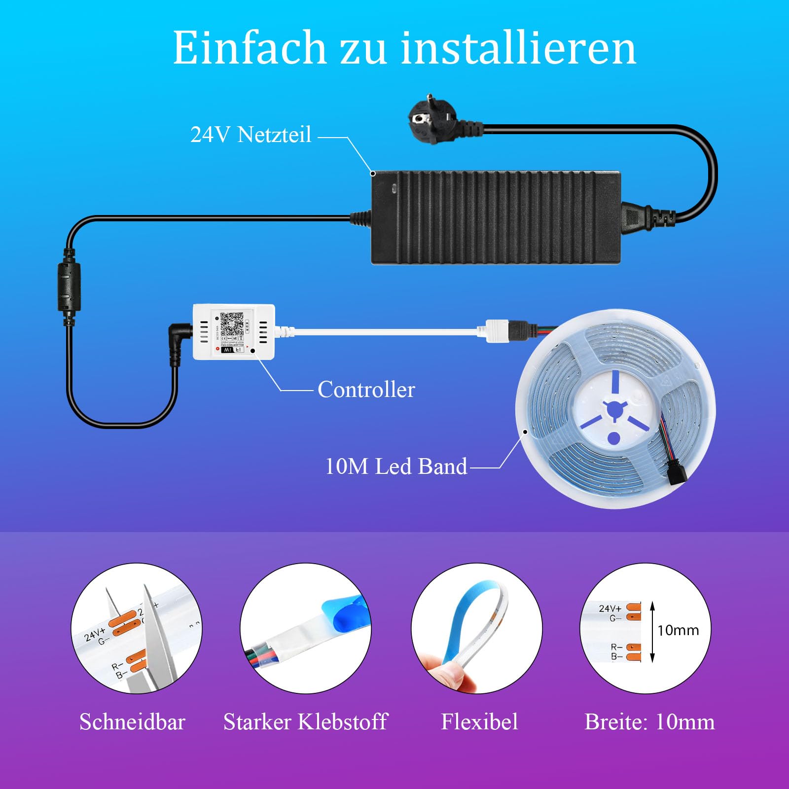 Striscia LED RGB COB WiFi, 10 m-24 V, dimmerabile, 576 LED/m | App controllabile, autoadesiva, compatibile con Alexa Google Home