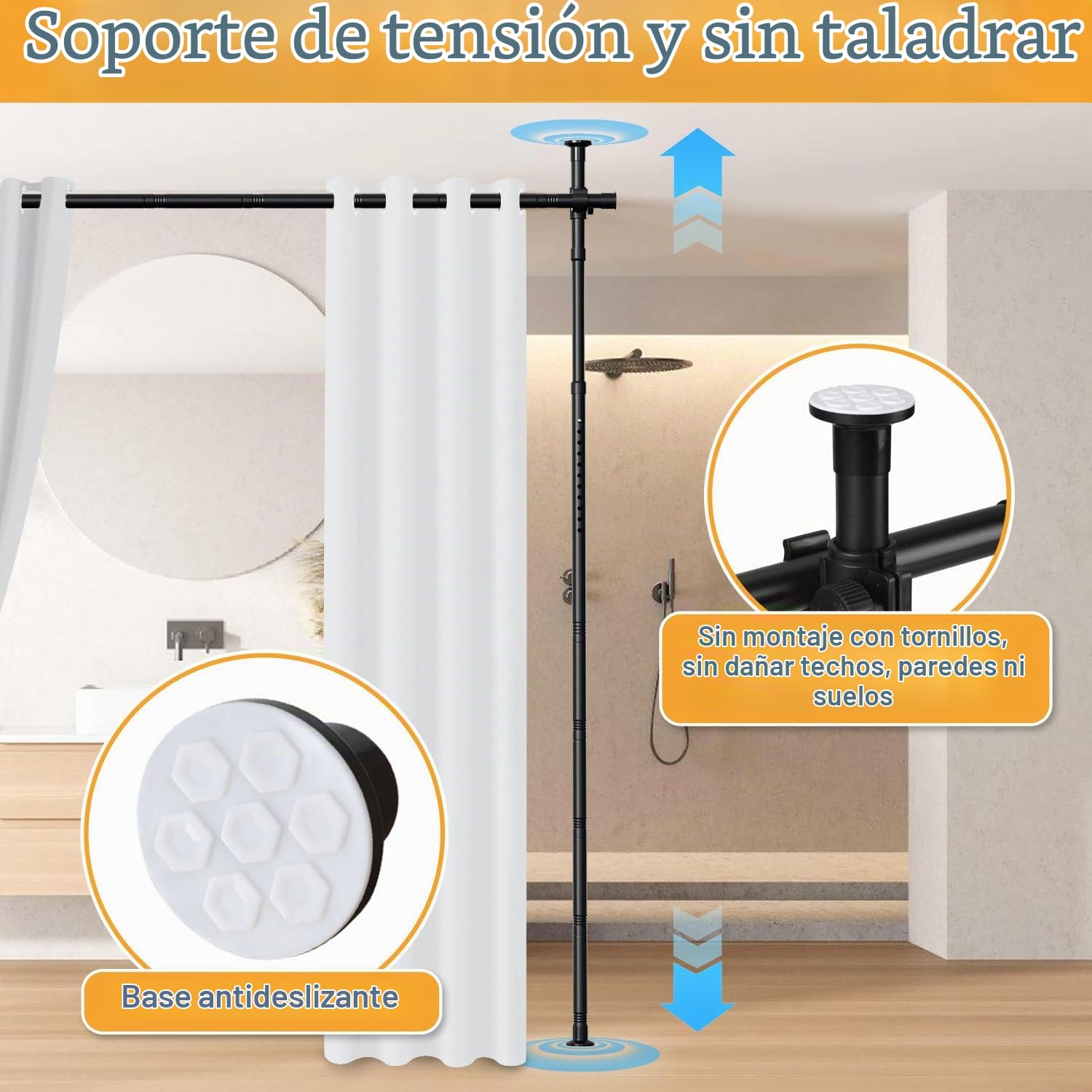 Separador de espacios sin necesidad de taladrar, barra para cortinas extra ancha como estructura para paravientos, separador de espacios independiente sin cortina, ancho 70-355 cm x alto 122-305 cm