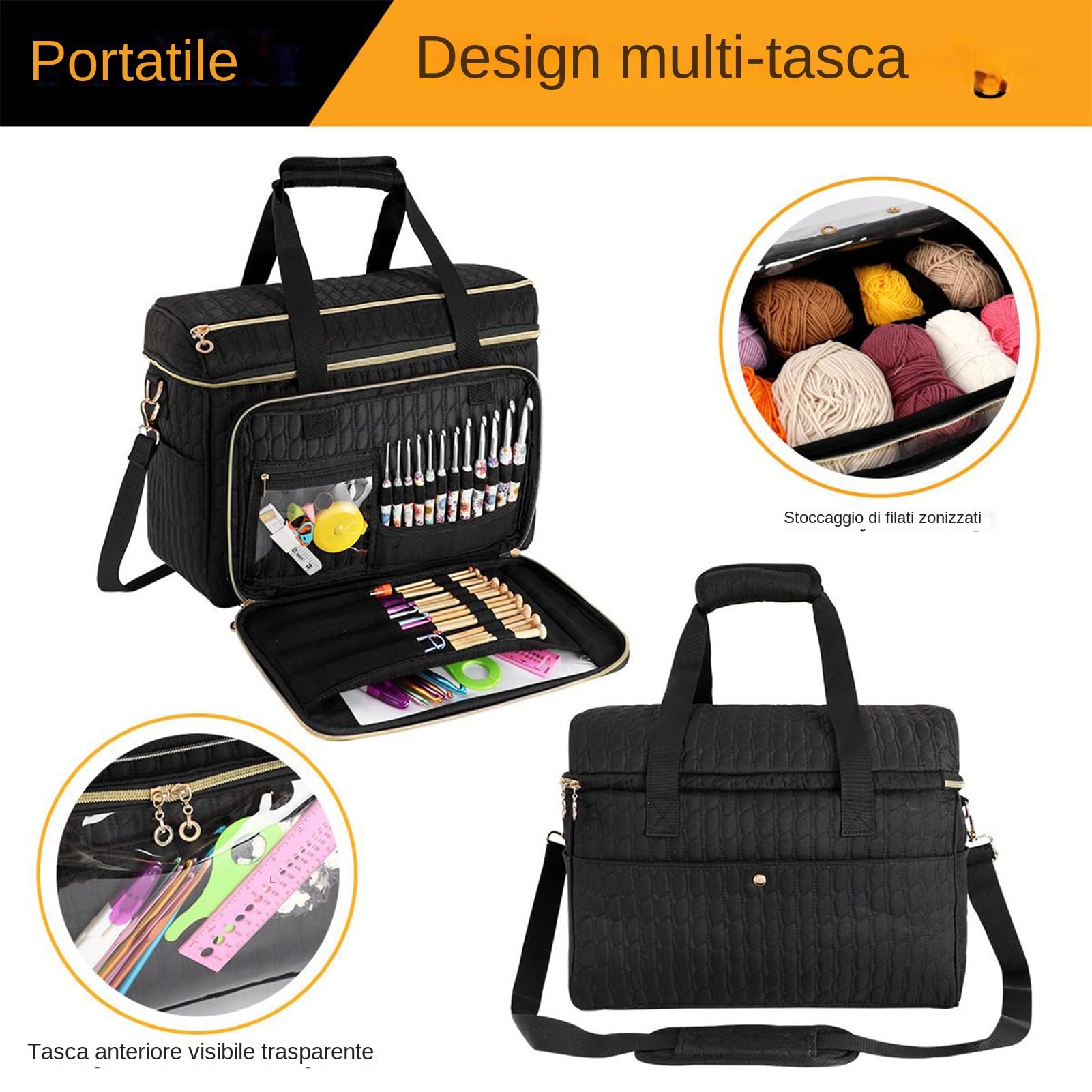 Borsa Porta Lana - Portaoggetti da Viaggio per Hobby Creativi | Tascone per Progetti Maglia Viaggio Uncinetto | per Donne, Mamme, Appassionate di Fai da Te, Ferri, e Trasferte