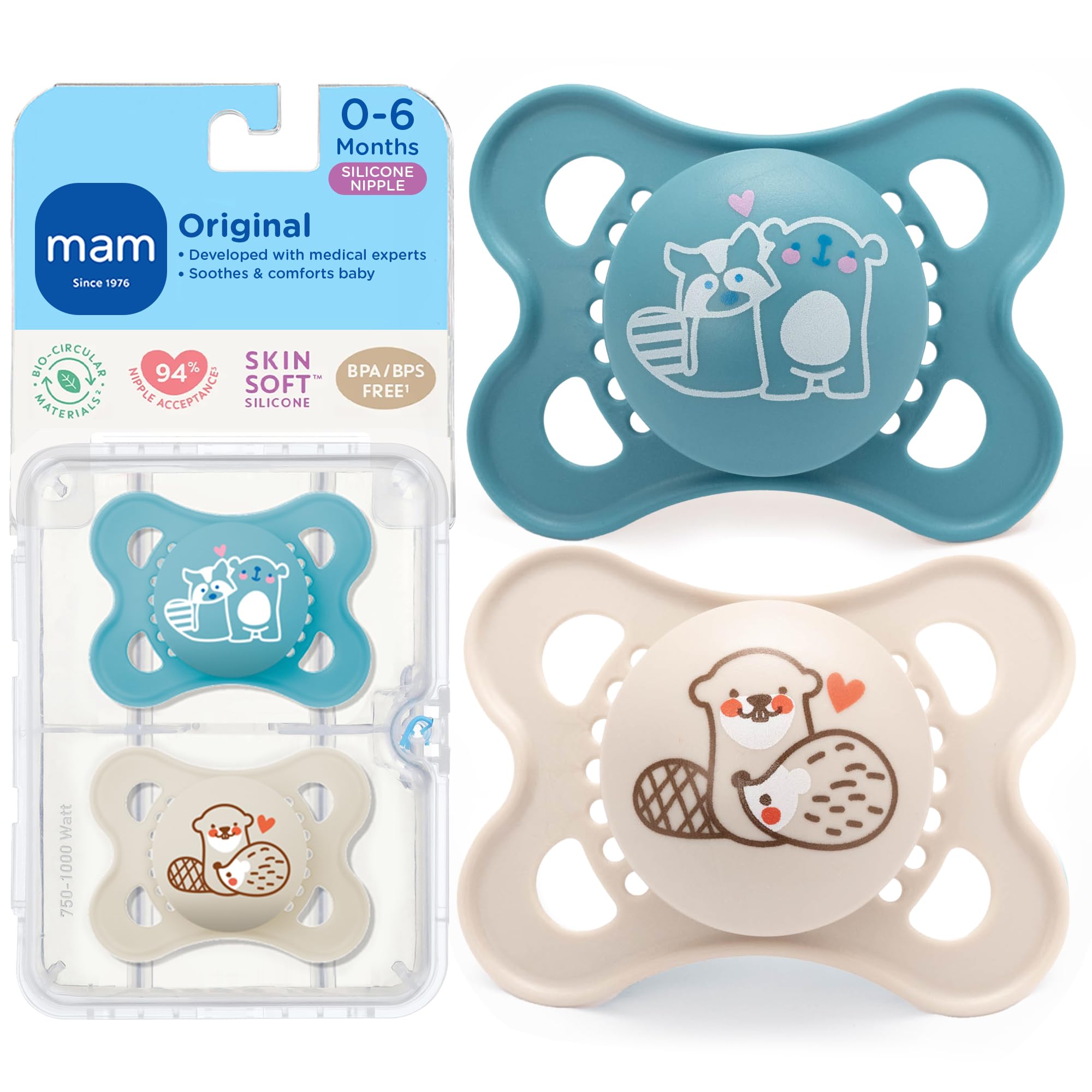 MAM Original Matte Baby Pacifier, Nipple Shape Helps Promote Healthy Oral Development, Sterilizer Case, Boy, 0-6 (Pack of 2)