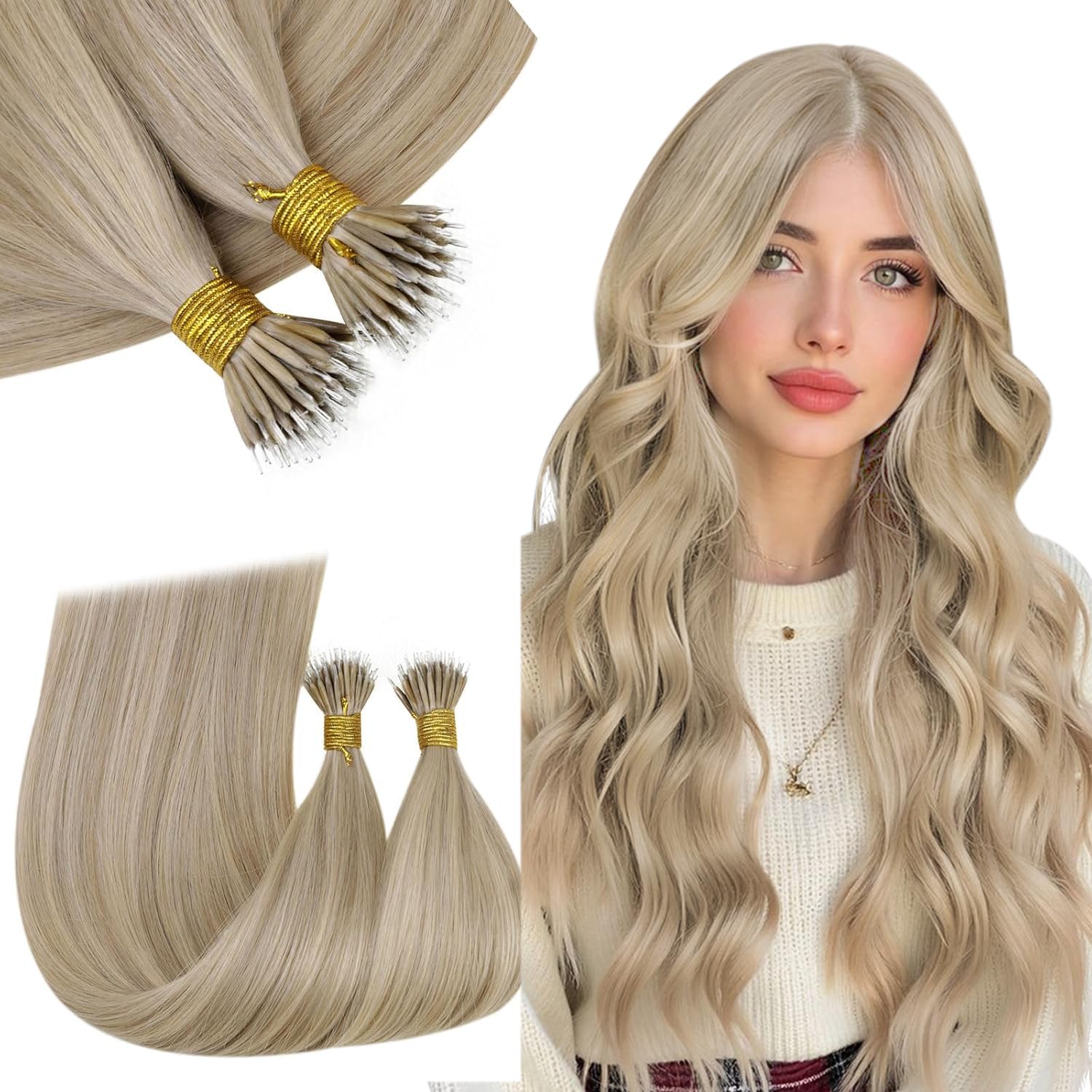 RUNATURE 24 Inch Nano Bead Hair Extensions Blonde With Ash Blonde Nano Hair Extensions Human Hair Remy Long Straight Hair Can Be Styled 50G 50S #16P22
