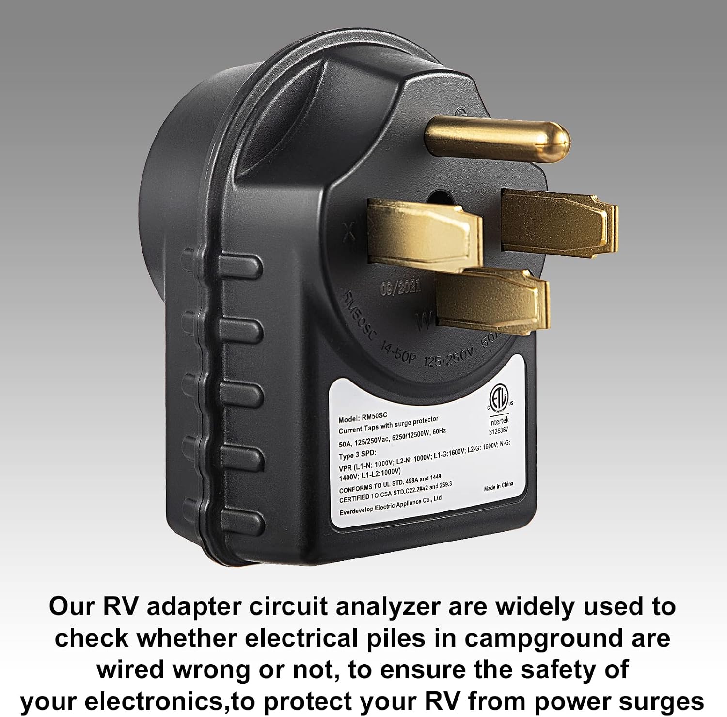 RV Surge Protector 50 Amp,Adapter Circuit Analyzer 125V/250V/12500W, Power Adapter with Integrated Surge Protection with LED Light Indicator for RV Trailer,50A Male to 50A Female,ETL Listed