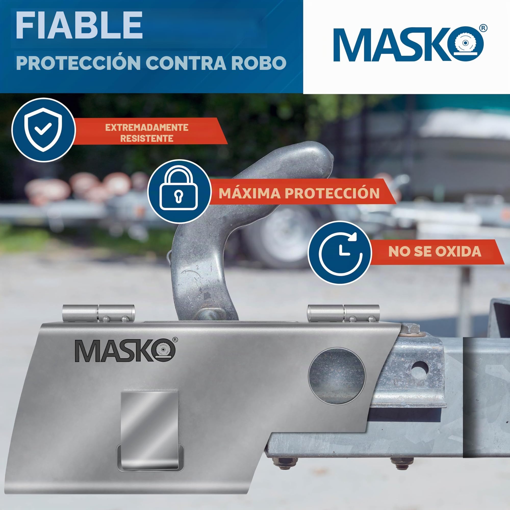 MASKO® Candado de Remolque con Sistema de bisagras para Remolques Acoplados y Desacoplados, Candado antirrobo para Caravana, Incluye Candado de Disco, Llave y Tapa Protectora, Plata