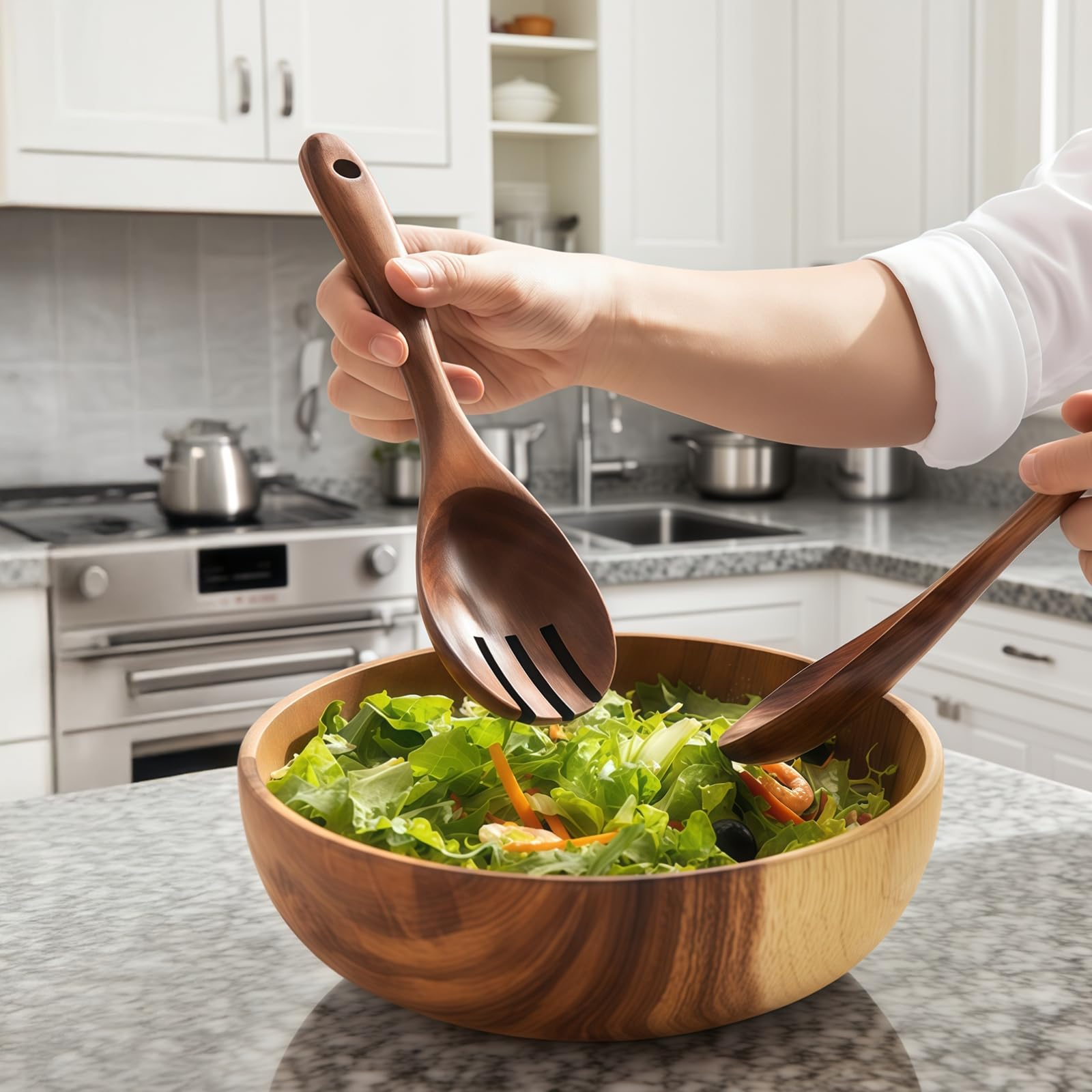 Generisch Holz-Salatschüssel-Set, große Holzschüssel für Salat, mit Servierlöffel und Gabel, für Gemüse und bewusste Ernährung, leicht zu reinigen, mit Aufhängung