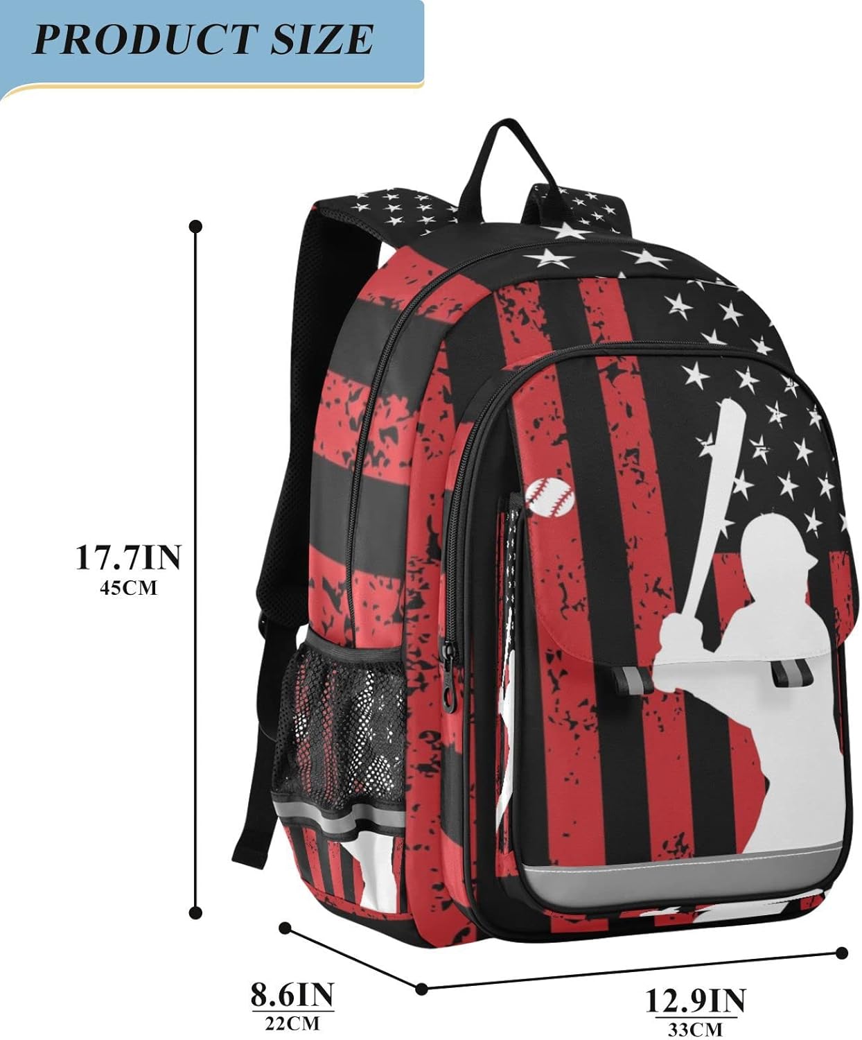American Flag Baseball Backpack School Bag Lightweight Laptop Backpack Student Travel Daypack with Reflective Stripes