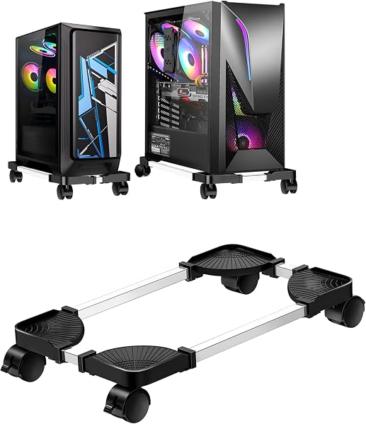 CPU Stand for PC Computer Case Holder Bracket Desktop Mainframe Rack with Brake with 4 Caster Wheels(Black) - 1