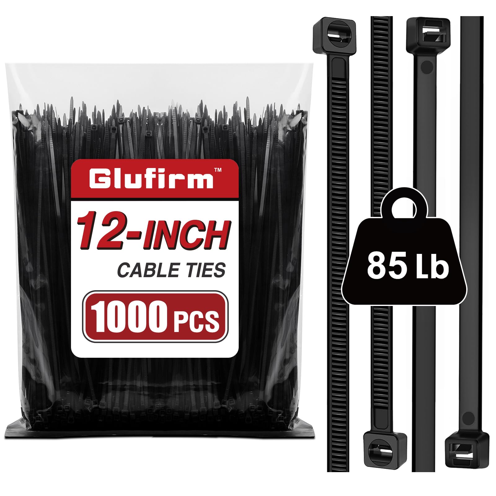 Zip Ties 12 inch (1000 Pack), 85 lb, Delivering 1.7X Tensile Strength in the Same Specs, Black, Heavy Duty Cable Ties, Glufirm