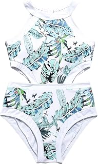 Girl's Tropical Print Cut Out Halter One Piece Swimsuit Bathing Suit Beach Swimwear