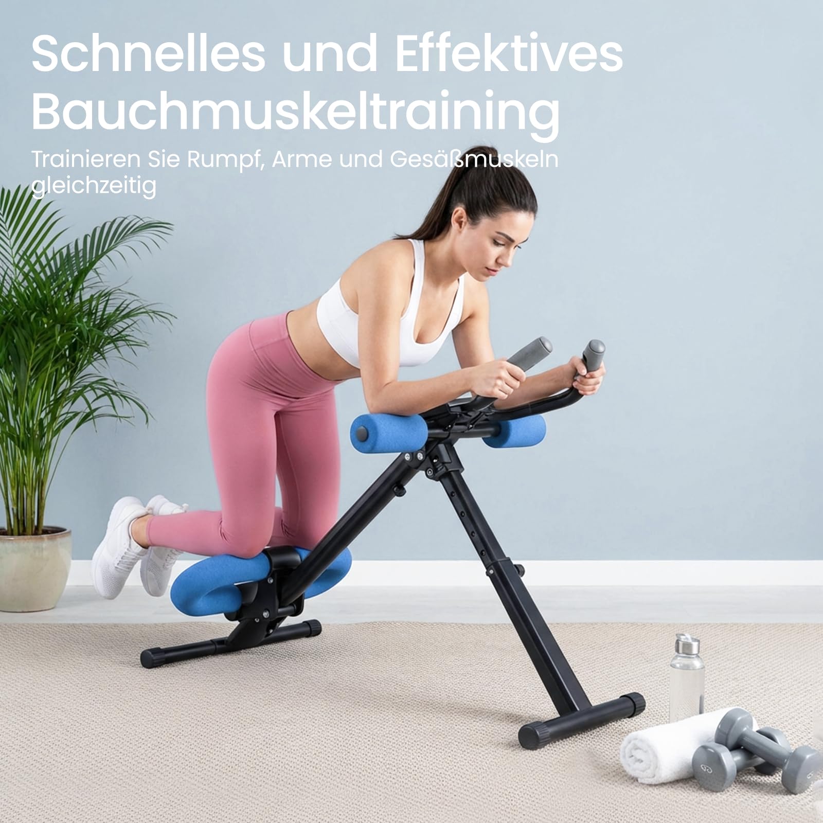Ab Trainer Abdominal Muscle Machine Adjustable for Home Gym, Foldable And Space-Saving, Quiet Wheels, Knee And Elbow Pads