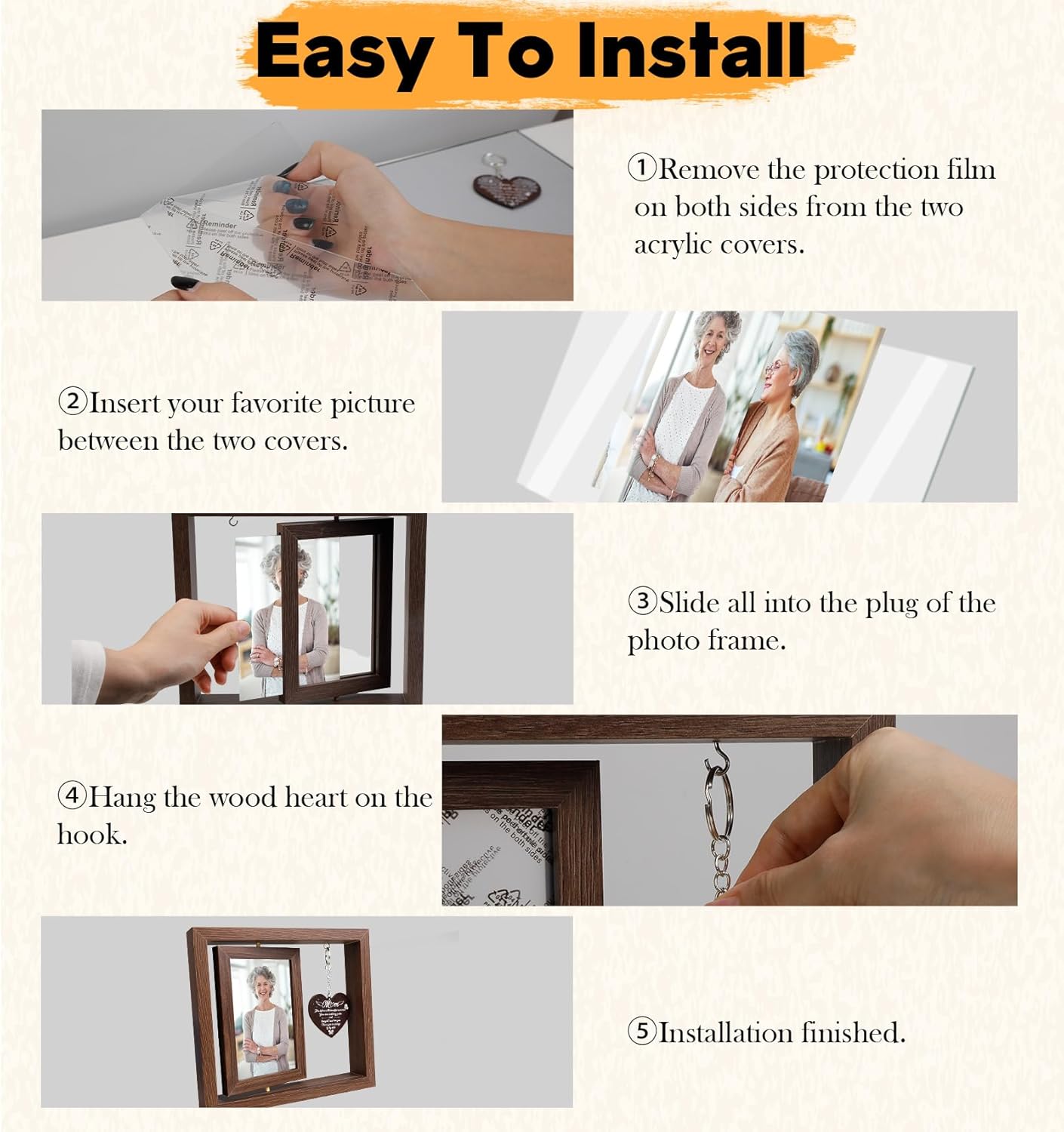 Memorial Gifts for Loss of Mom, Memorial Picture Frame, Rotating Memory Frame with 2 Heart Pendants, Wooden Bereavement Sympathy Gifts for Loss of Mother, Fits 4x6 Inch Photo - Image 5