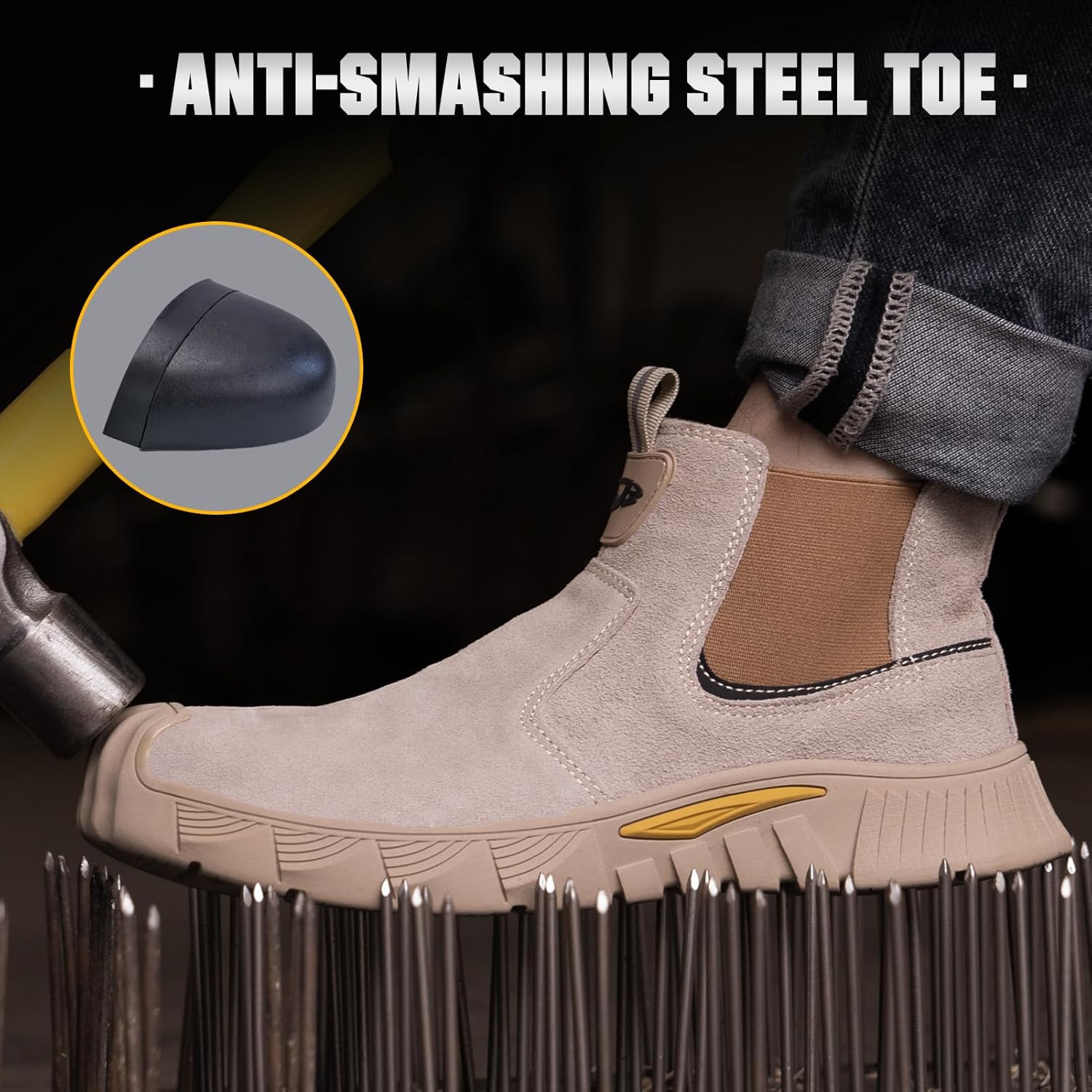 Hogent Welding Work Boots for Men Slip on Steel Toe Shoes for Men Soft Comfortable Safety Boots Mens Work Boots Indestructible Puncture Proof Construction Boots for Men Safety Toe Footwear for Welder