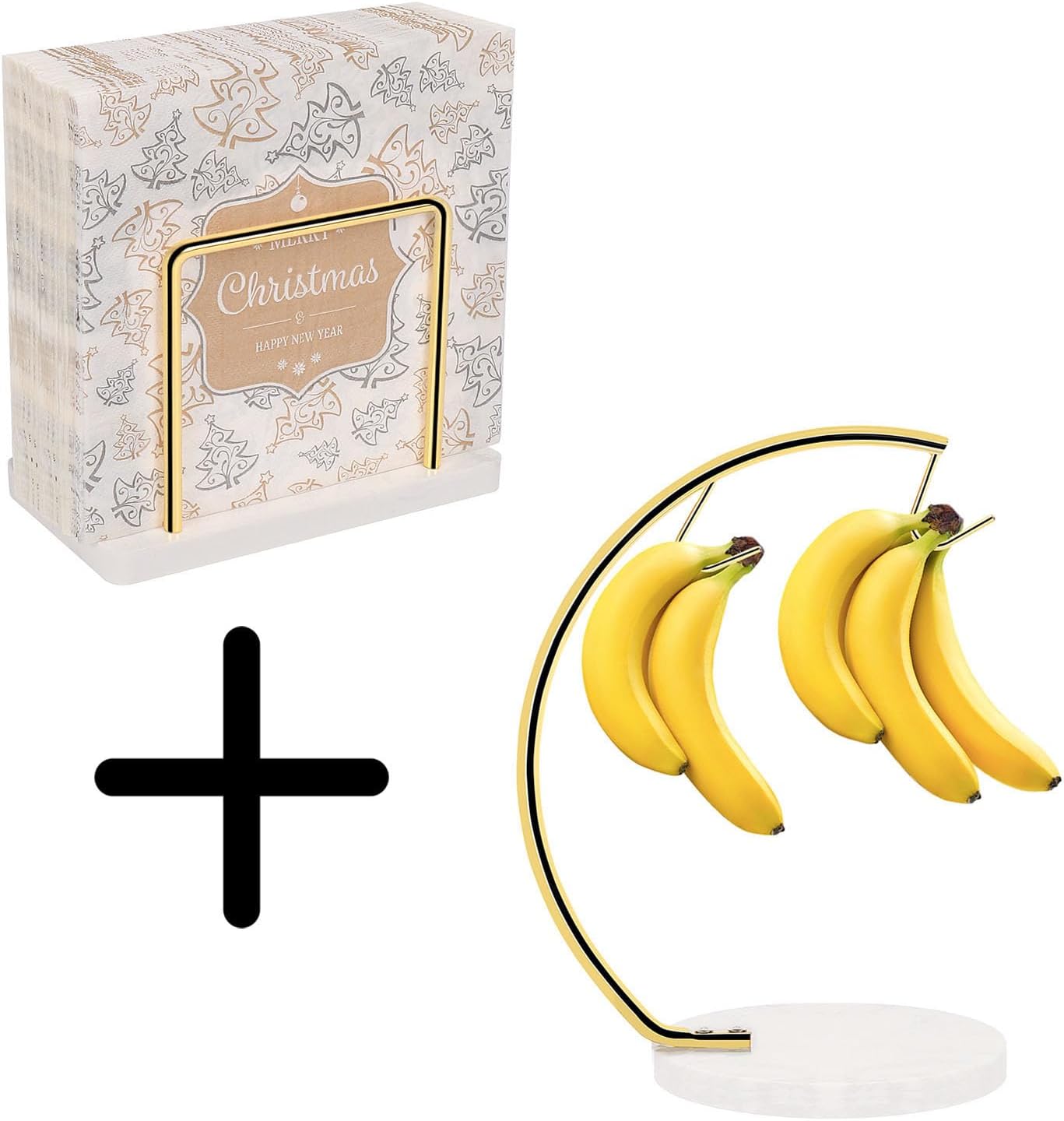 Livabber Napkin Holder + Double Hook Banana Holder with Marble Base, Metal Modern Freestanding Tissue Paper Dispenser and Banana Keeper Fruit Storage Organizer for Table Kitchen Countertop (Gold)