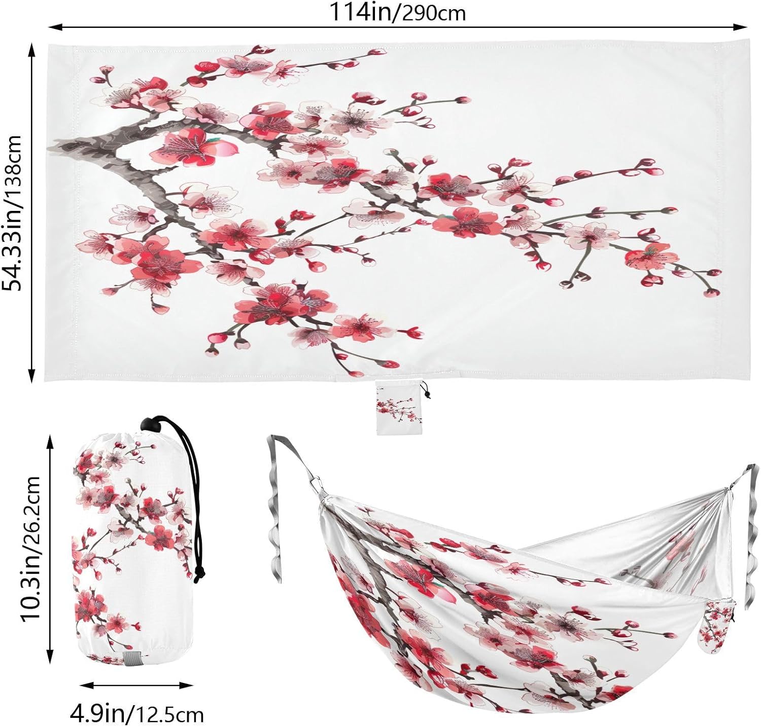 ALAZA Cherry Blossom Flower Red & Pink Camping Hammocks Single or 2 Person 500 lbs Portable Parachute Travel Hammock w/Tree Straps for Hiking Backpacking Indoor Outdoor