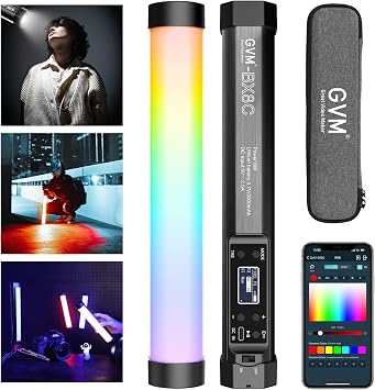GVM RGB أنبوب الخفيفة مع أضواء كاشفة، ضوء التصوير المغناطيسي يده، كامل اللون الصمام عصا الخفيفة 2000 K-10000 K CRI97+ فيديو الخفيفة مع 3300 mAh المدمج في البطارية، 6 تأثيرات بكسل 12 مشاهد الإضاءة