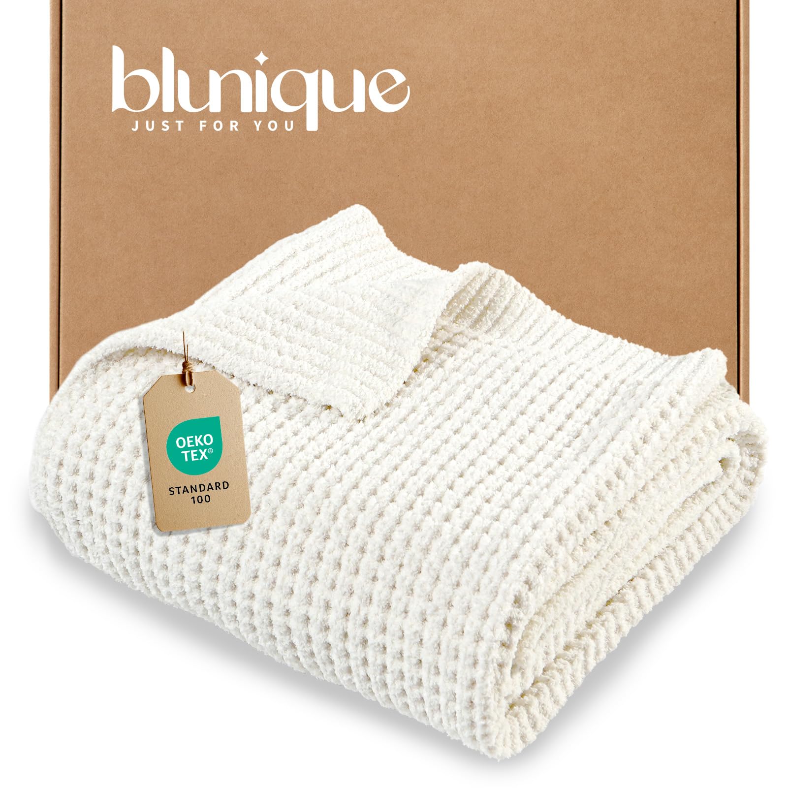 Waffle Knit Throw Blanket, Luxury Cozy Chunky Knit Throw Blanket for Couch, 50 x 60 Inch Thick Ultra-Soft Feather Yarn Knitted Blanket for Sofa, Bed, Home Decor - Off White