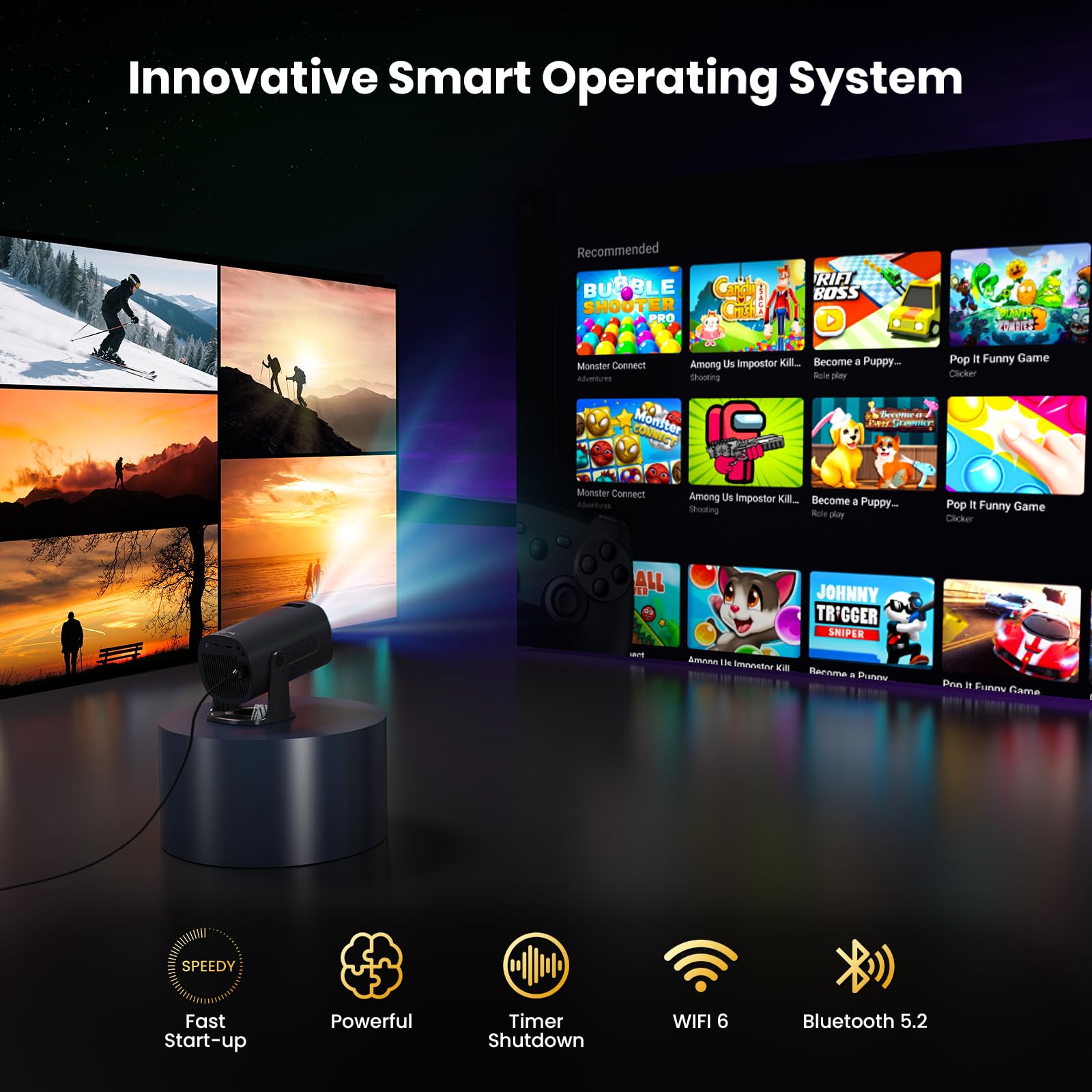 [Apps integrate & Modalità Stella] Mini Proiettore Support 4K 1080P con Modalità Stella Proiettore con Apps e Android TV OS Auto Keystone WiFi 6 BT5.2, Compatible con TV Stick/USB/HDMI,Nero